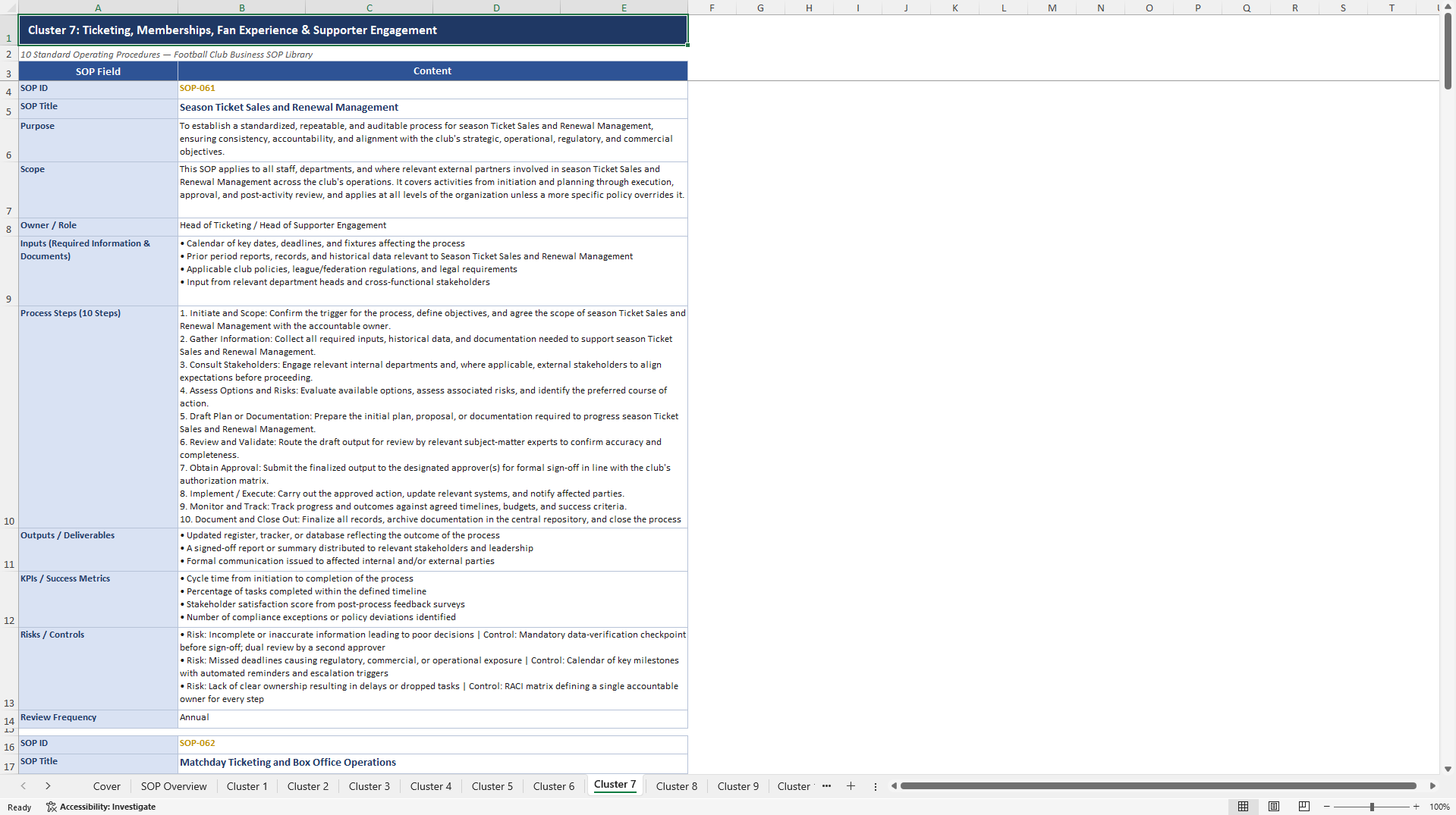 100+ Football Club Business SOPs (Excel template (XLSX)) Preview Image