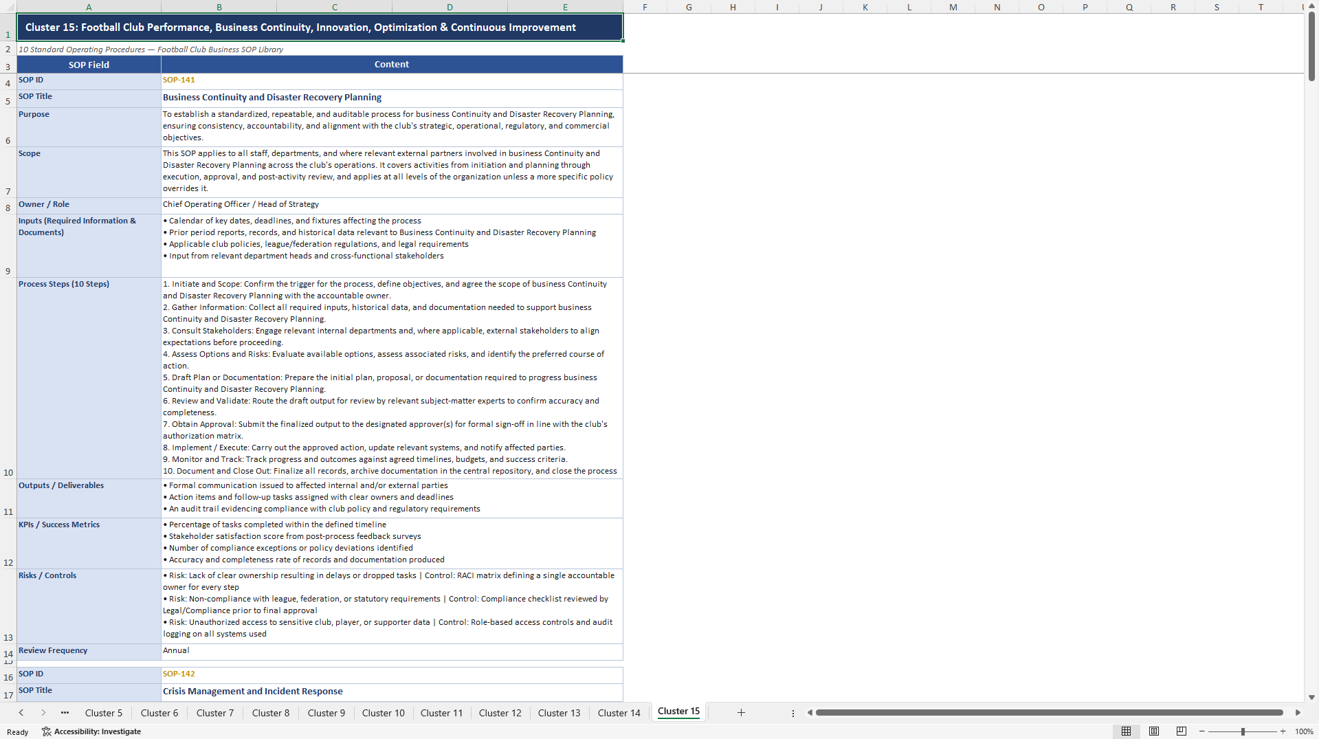 100+ Football Club Business SOPs (Excel template (XLSX)) Preview Image