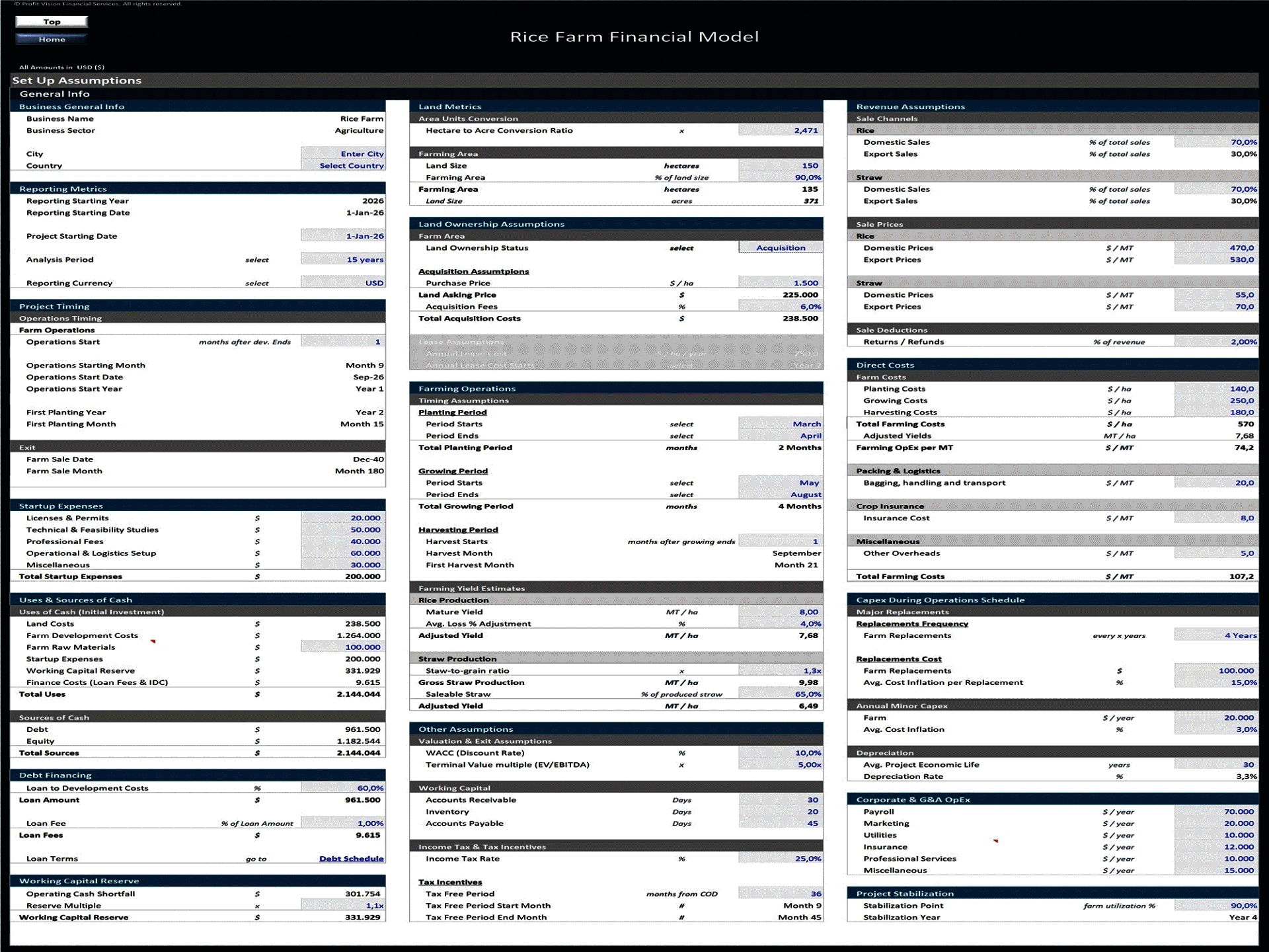 Rice Farm – 15 Year Financial Model (Excel template (XLSX)) Preview Image