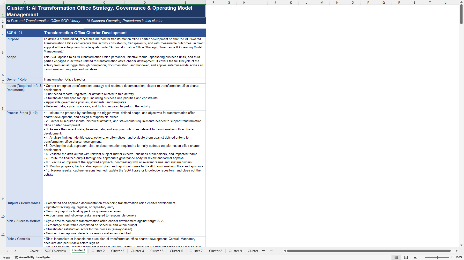 100+ AI-Powered Transformation Office SOPs (Excel template (XLSX)) Preview Image
