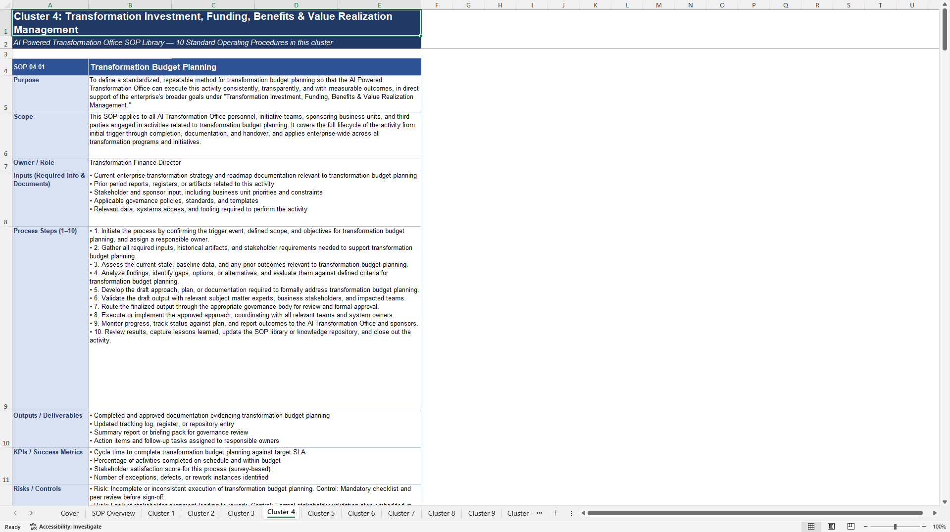 100+ AI-Powered Transformation Office SOPs (Excel template (XLSX)) Preview Image
