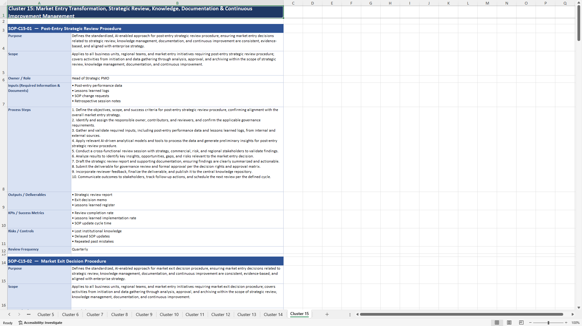 100+ AI-Driven Market Entry Strategy SOPs (Excel template (XLSX)) Preview Image