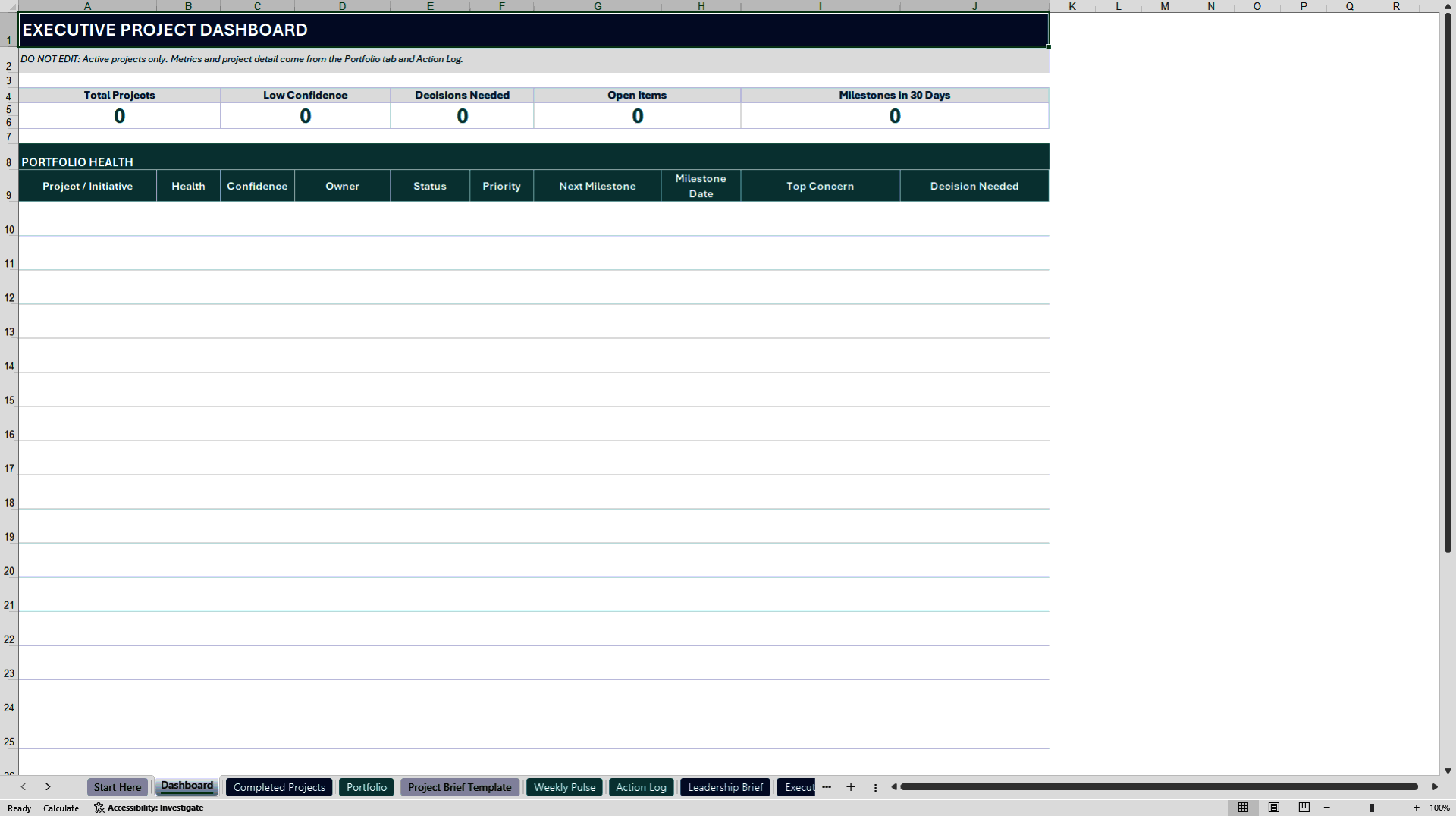 Project Workbook Lite: Executive Portfolio Control (Excel template (XLSX)) Preview Image