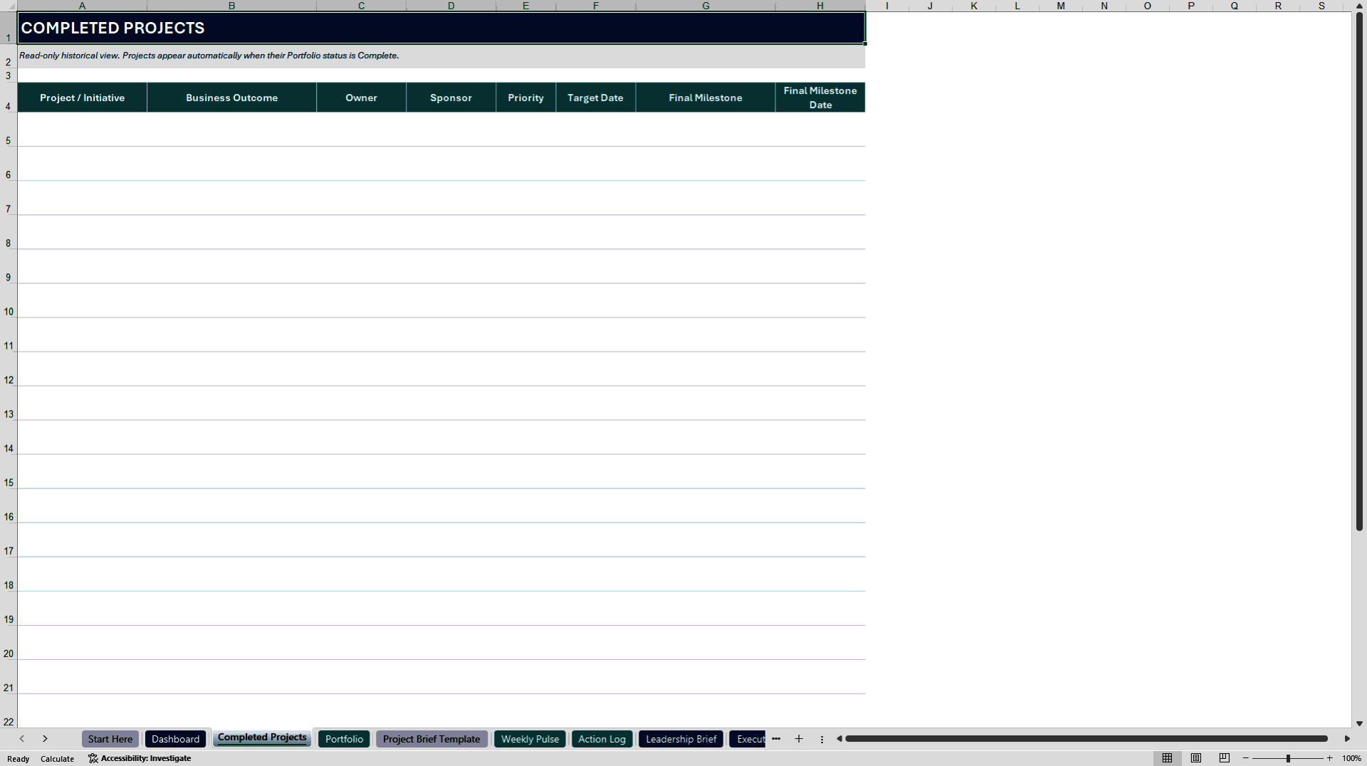 Project Workbook Lite: Executive Portfolio Control (Excel template (XLSX)) Preview Image