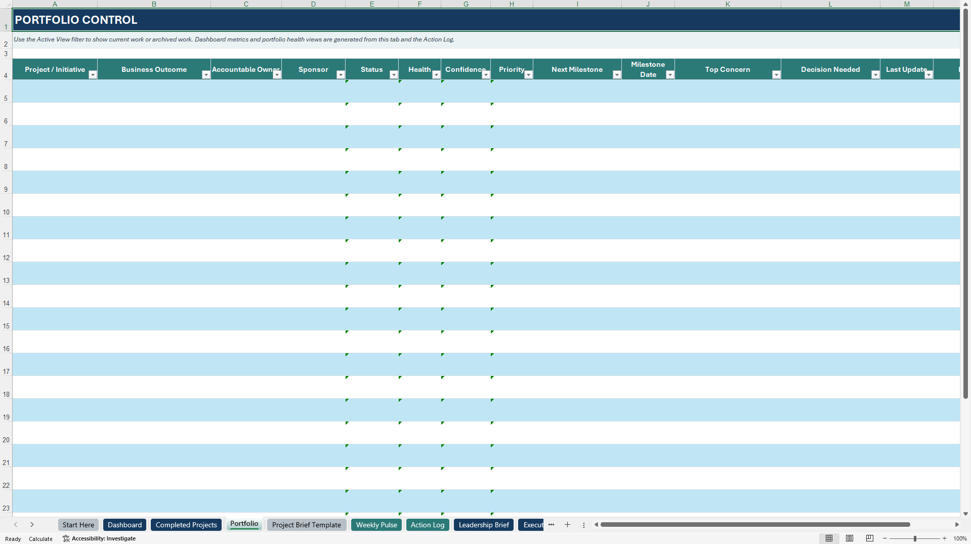 Project Workbook Lite: Executive Portfolio Control (Excel template (XLSX)) Preview Image