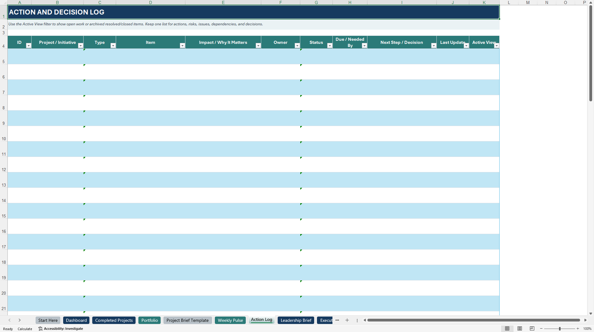 Project Workbook Lite: Executive Portfolio Control (Excel template (XLSX)) Preview Image