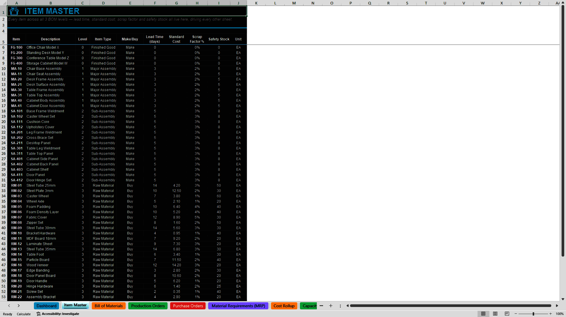 Production Planning & MRP Expert Dashboard (3-Level BOM) (Excel template (XLSX)) Preview Image