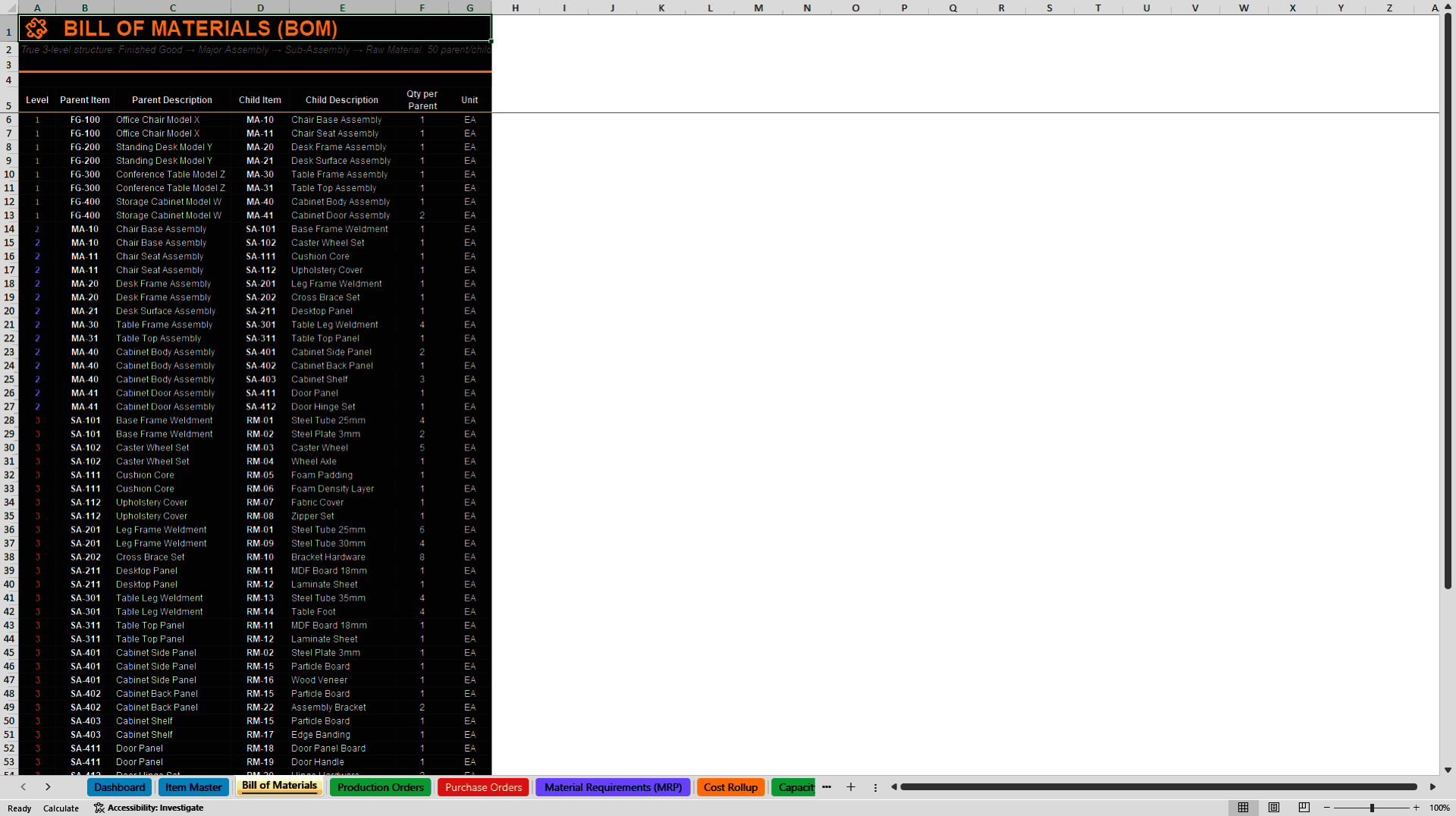 Production Planning & MRP Expert Dashboard (3-Level BOM) (Excel template (XLSX)) Preview Image