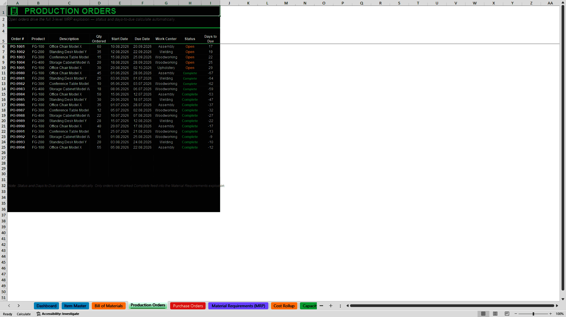 Production Planning & MRP Expert Dashboard (3-Level BOM) (Excel template (XLSX)) Preview Image