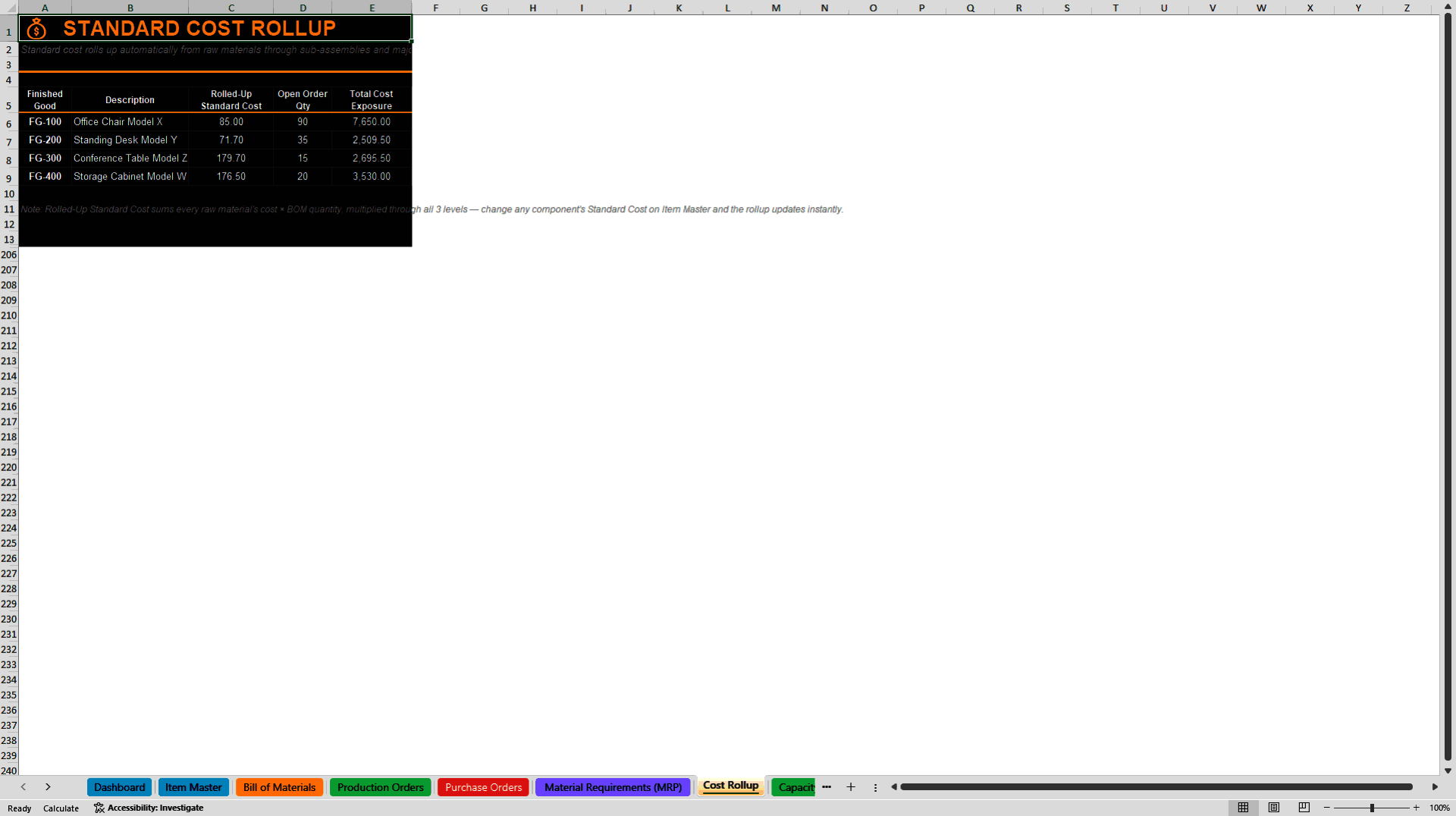 Production Planning & MRP Expert Dashboard (3-Level BOM) (Excel template (XLSX)) Preview Image