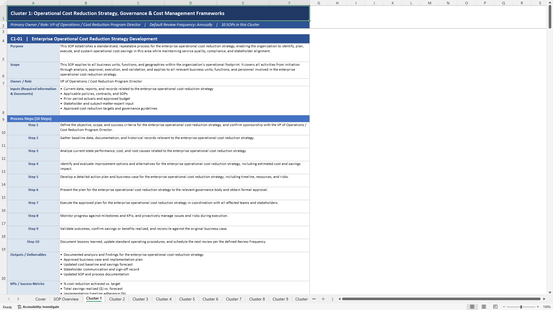 100+ Operational Cost Reduction SOPs (Excel template (XLSX)) Preview Image