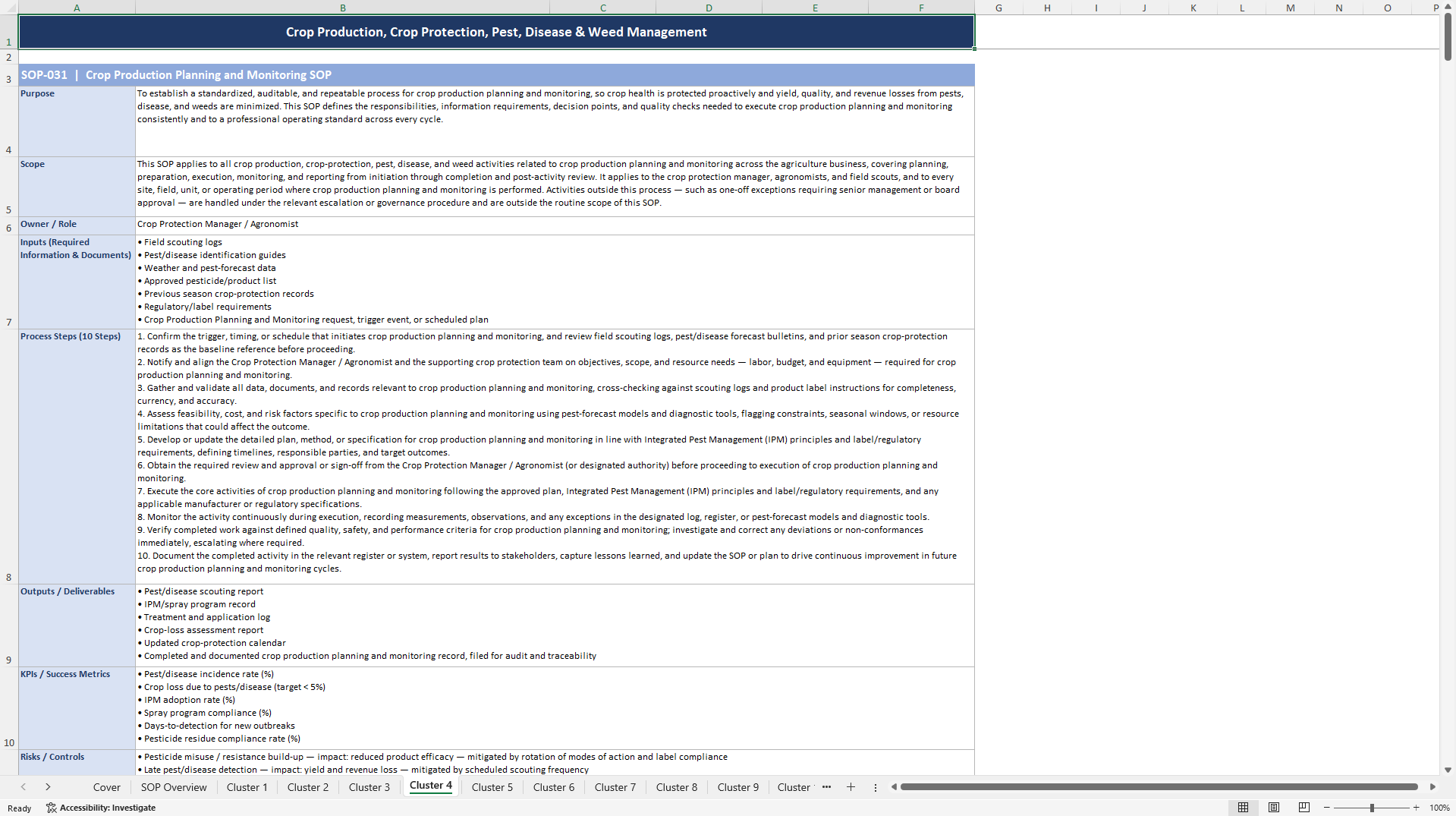 100+ Agriculture Business SOPs (Excel template (XLSX)) Preview Image