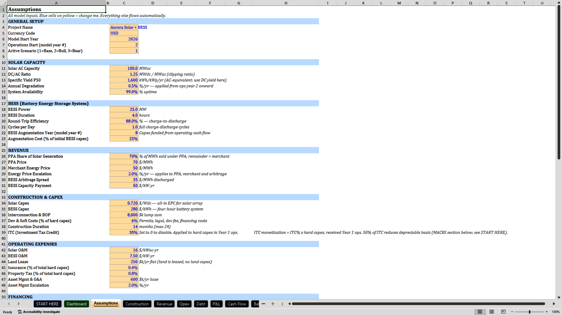 Solar + BESS Project Finance Model (ITC, MACRS, DSCR) (Excel template (XLSX)) Preview Image