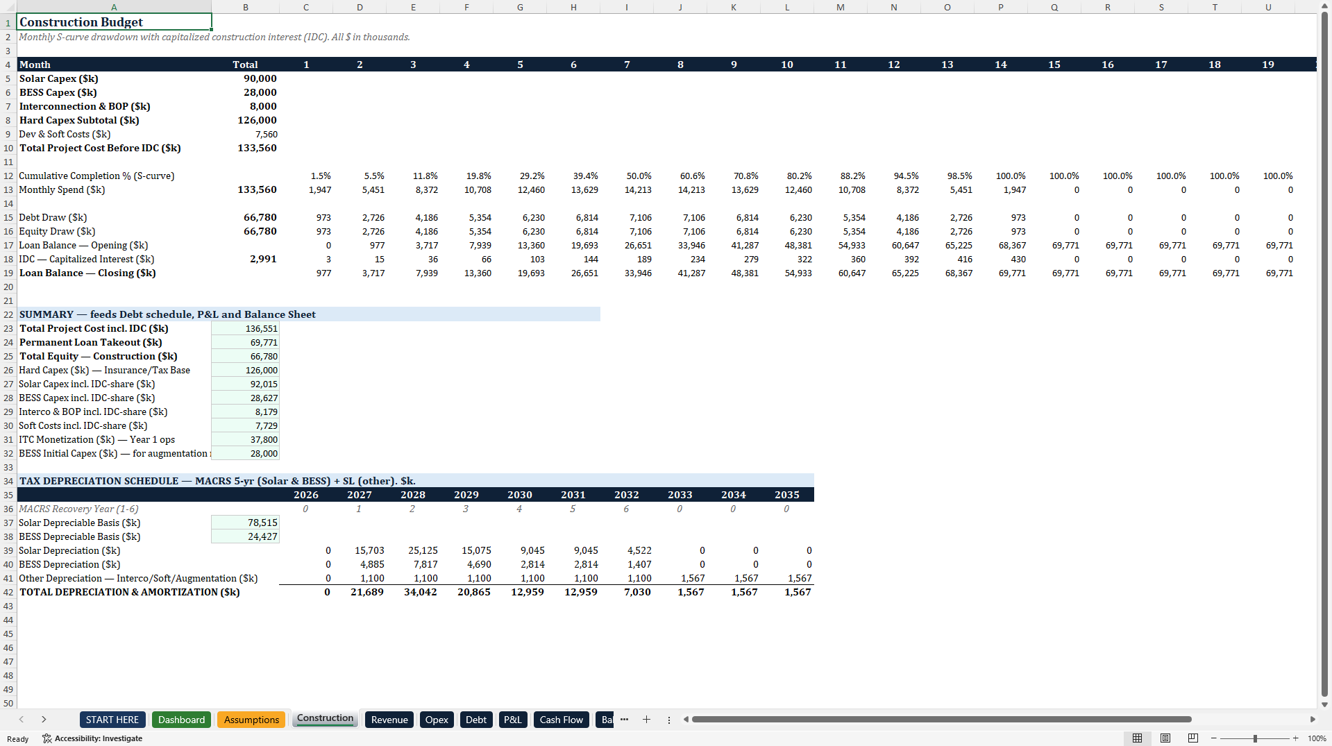 Solar + BESS Project Finance Model (ITC, MACRS, DSCR) (Excel template (XLSX)) Preview Image