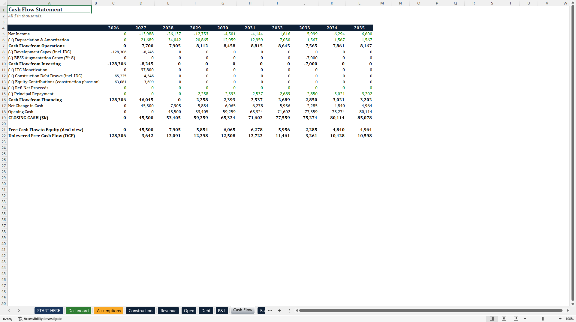 Solar + BESS Project Finance Model (ITC, MACRS, DSCR) (Excel template (XLSX)) Preview Image