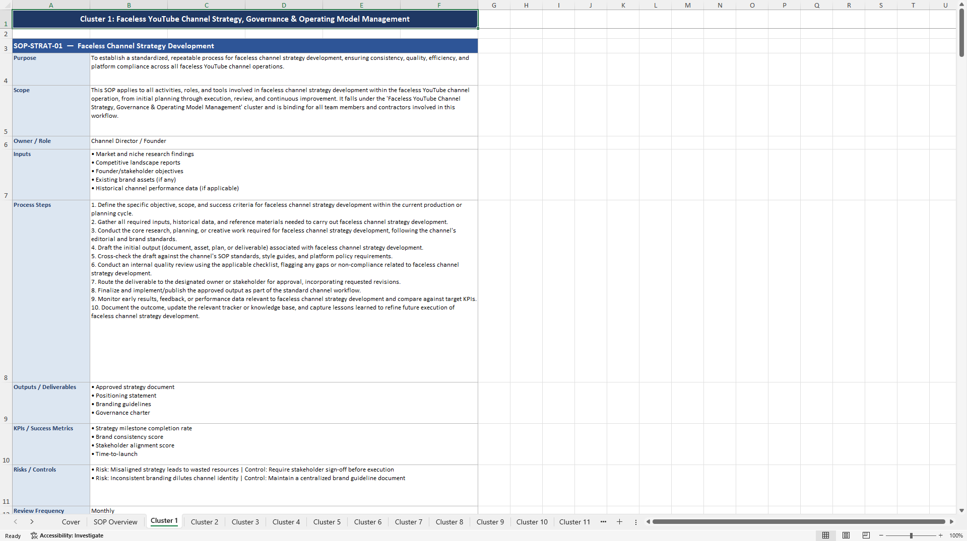 100+ Faceless Youtube Channel Business SOPs (Excel template (XLSX)) Preview Image