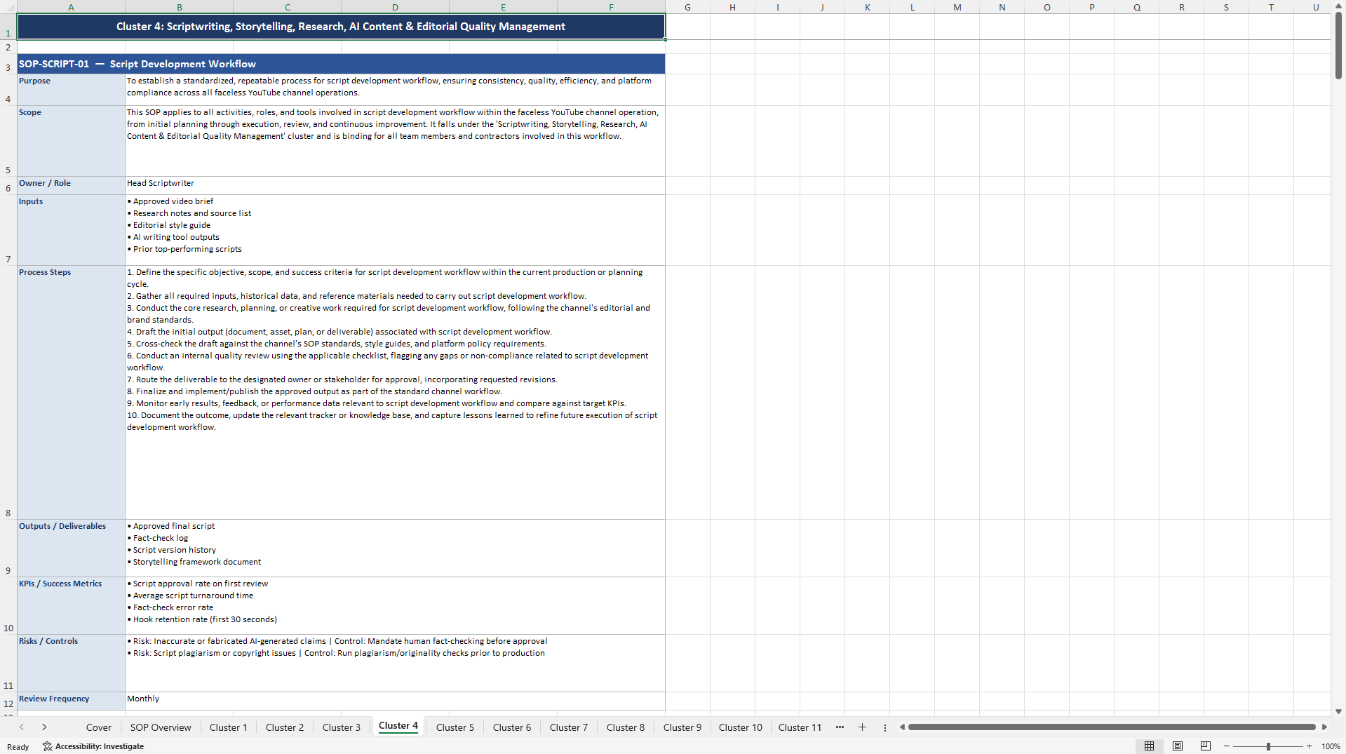 100+ Faceless Youtube Channel Business SOPs (Excel template (XLSX)) Preview Image