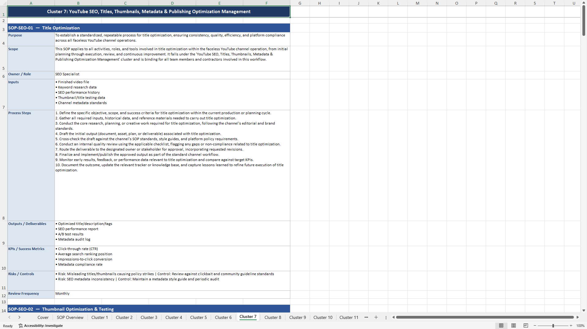 100+ Faceless Youtube Channel Business SOPs (Excel template (XLSX)) Preview Image