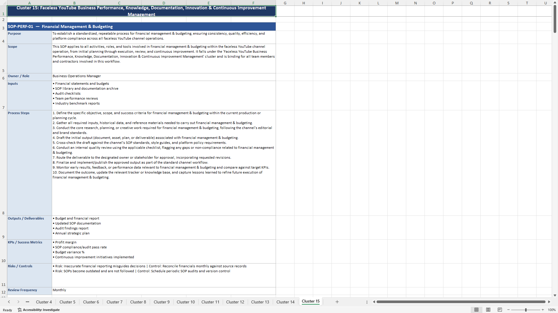 100+ Faceless Youtube Channel Business SOPs (Excel template (XLSX)) Preview Image