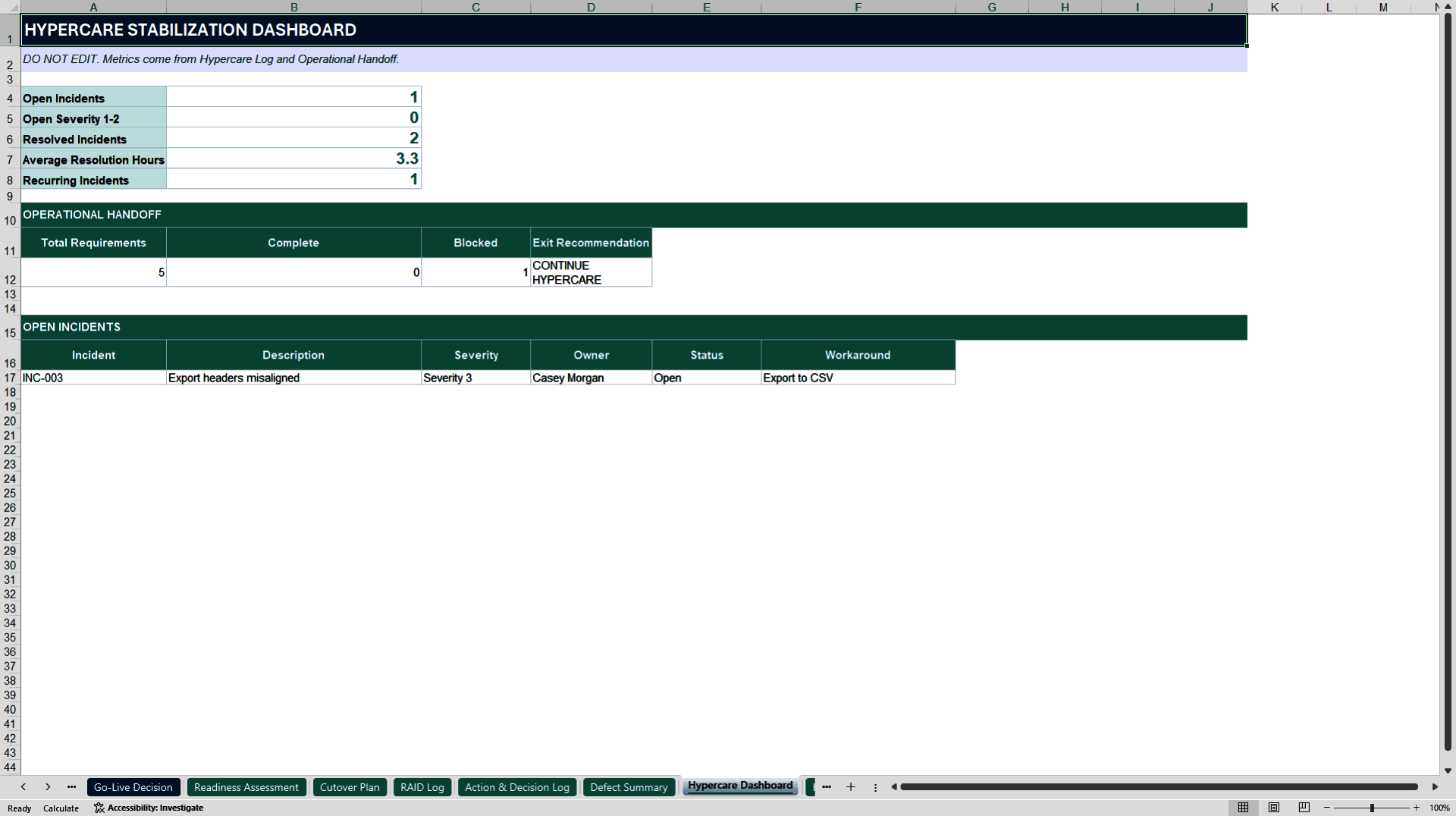 Go-Live Readiness and Hypercare Command Center (Excel template (XLSX)) Preview Image