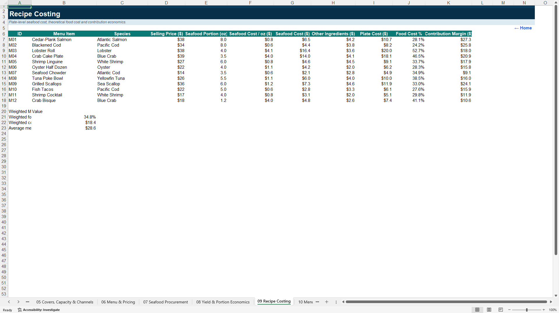 Seafood Restaurant Profitability & 5-Year Financial Model (Excel template (XLSX)) Preview Image