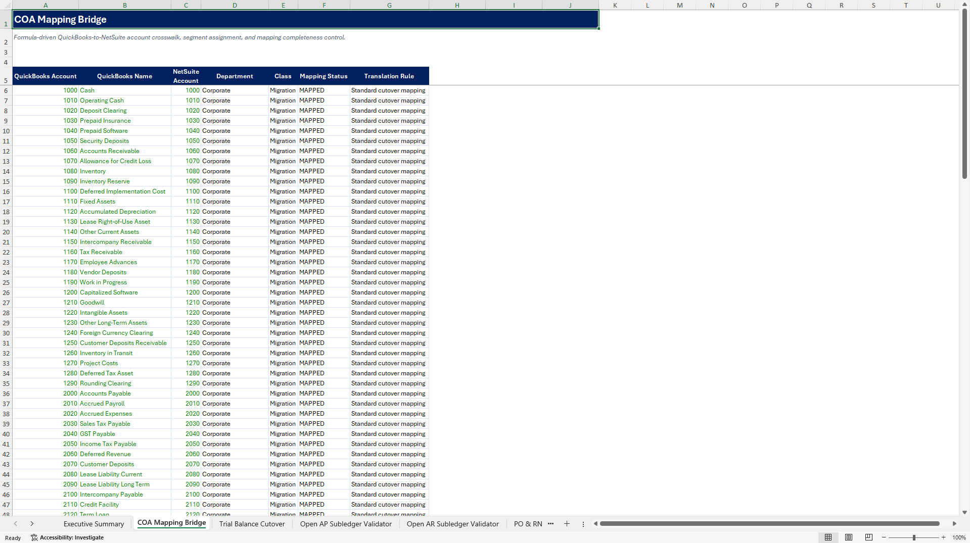 QuickBooks to NetSuite ERP Migration Reconciliation Suite (Excel template (XLSX)) Preview Image