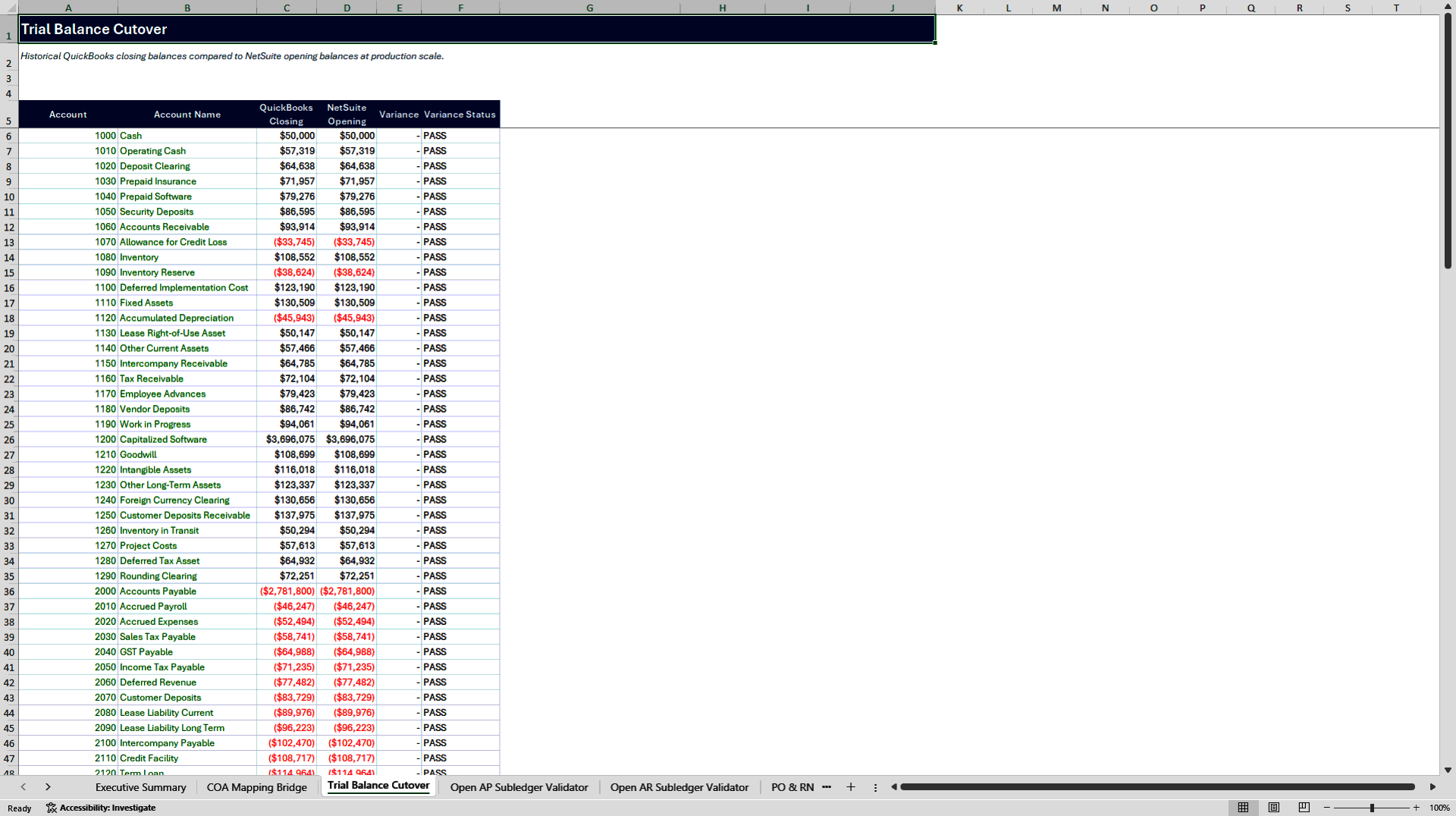 QuickBooks to NetSuite ERP Migration Reconciliation Suite (Excel template (XLSX)) Preview Image