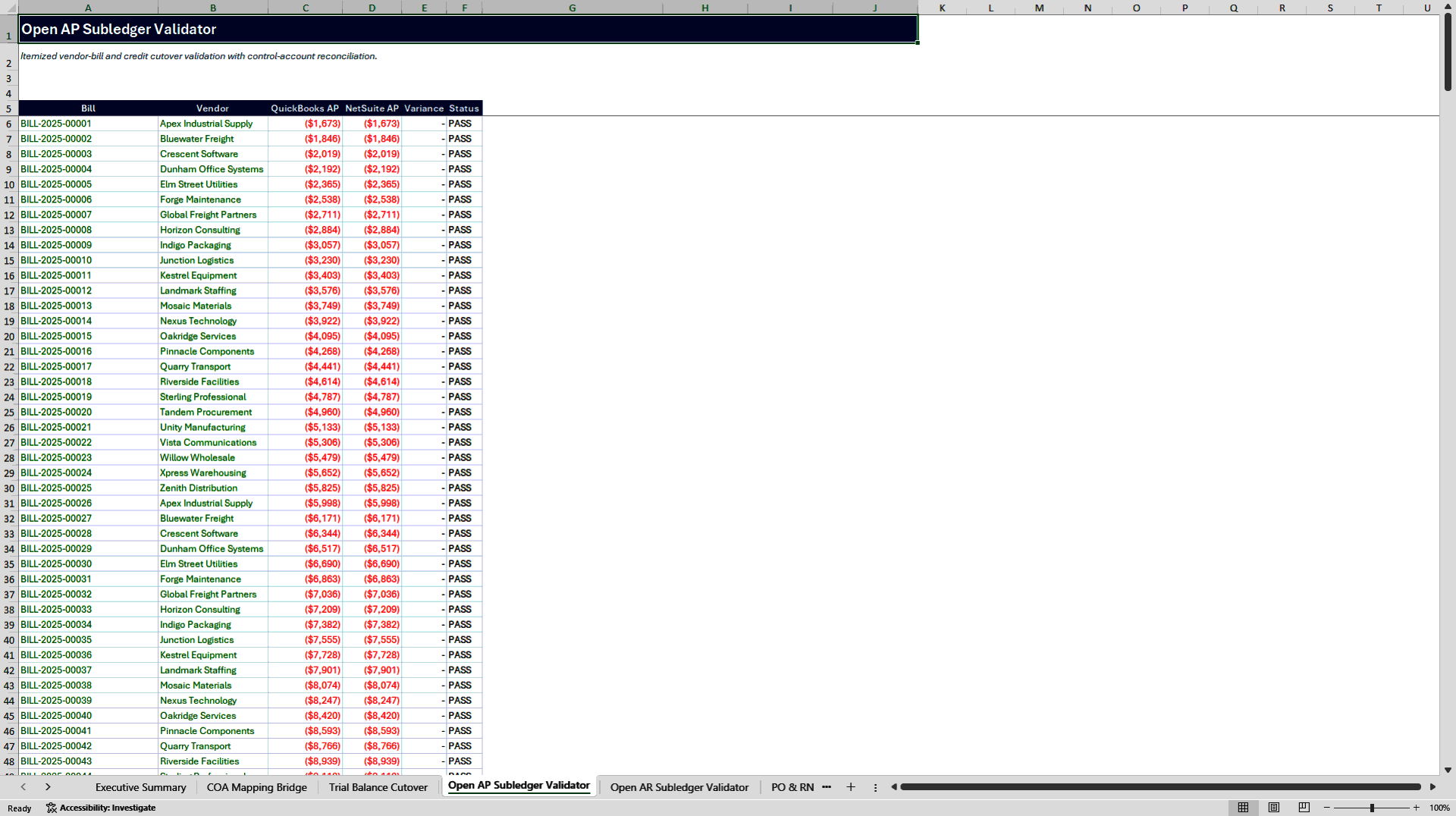 QuickBooks to NetSuite ERP Migration Reconciliation Suite (Excel template (XLSX)) Preview Image
