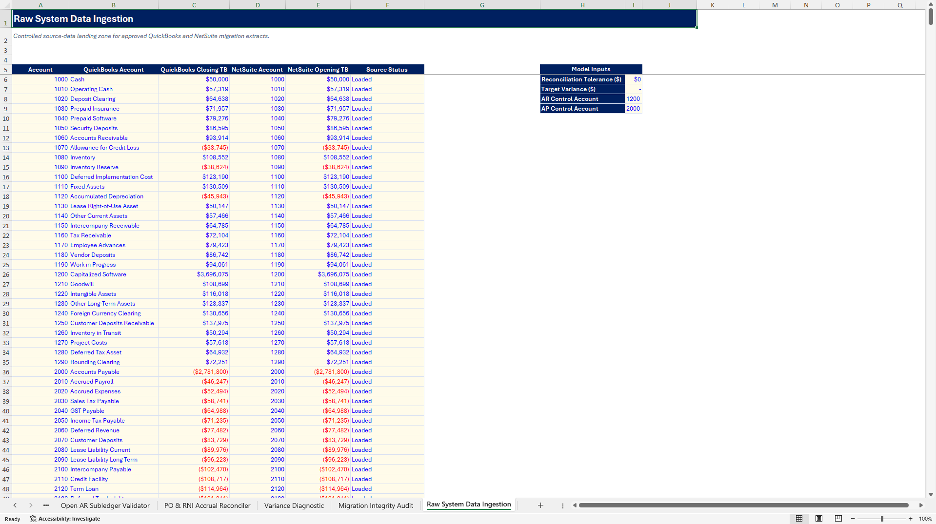 QuickBooks to NetSuite ERP Migration Reconciliation Suite (Excel template (XLSX)) Preview Image