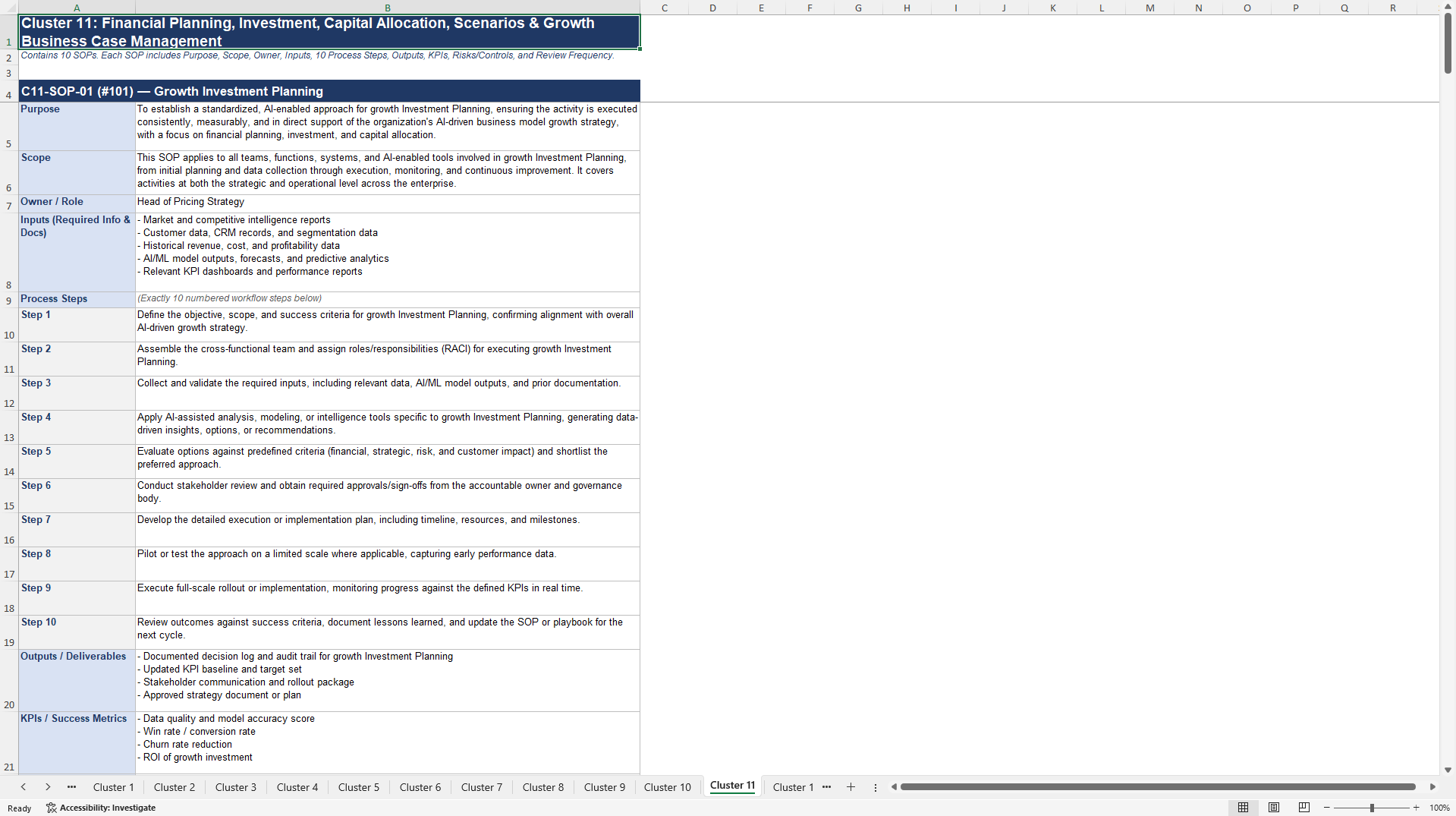 100+ AI-Driven Business Model Growth SOPs (Excel template (XLSX)) Preview Image