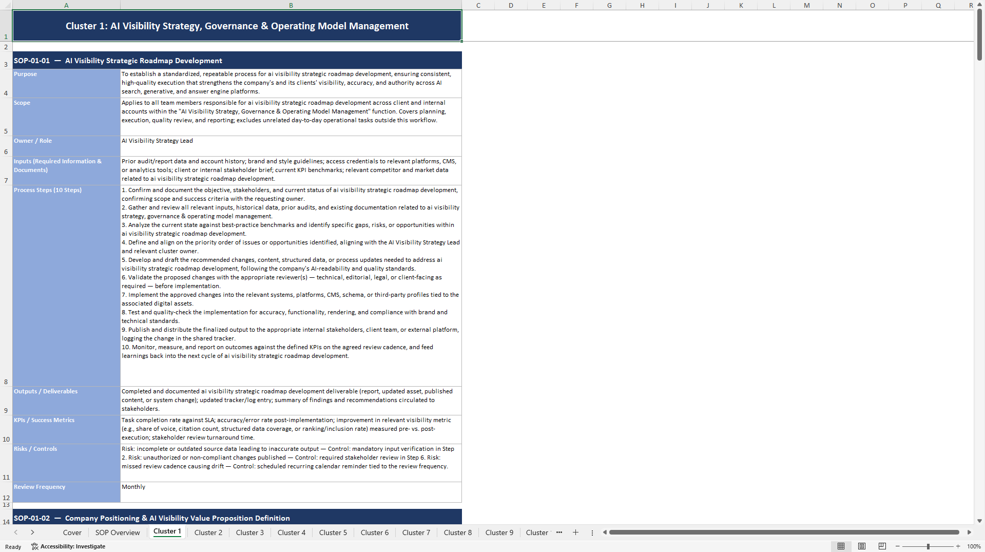 100+ AI Visibility Company SOPs (Excel template (XLSX)) Preview Image