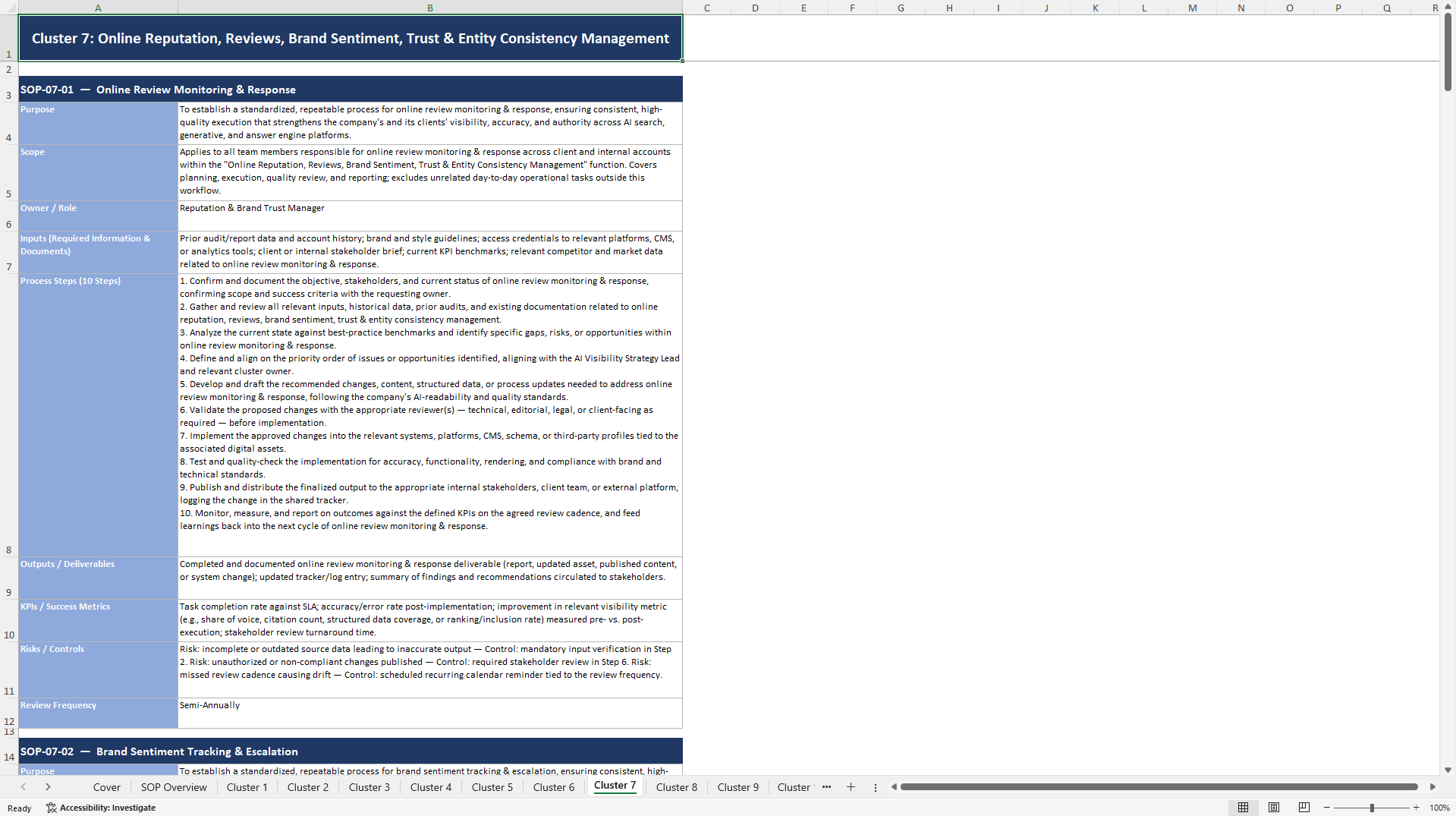 100+ AI Visibility Company SOPs (Excel template (XLSX)) Preview Image