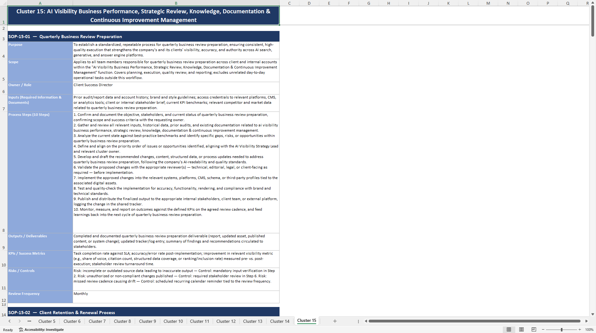 100+ AI Visibility Company SOPs (Excel template (XLSX)) Preview Image
