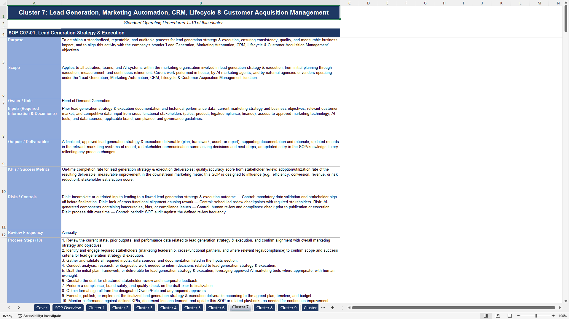 100+ AI Marketing Company SOPs (Excel template (XLSX)) Preview Image