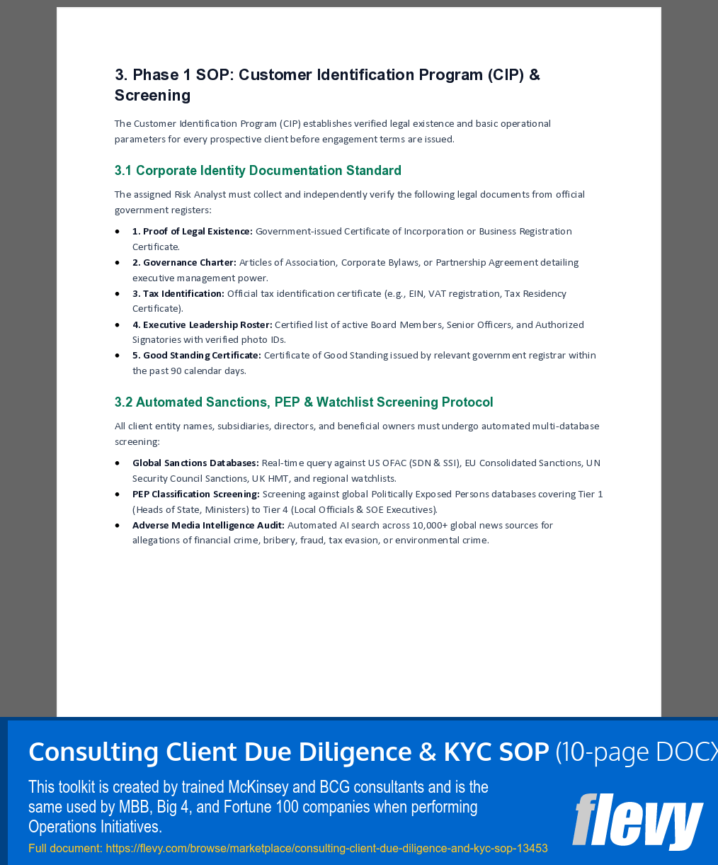 Consulting Client Due Diligence & KYC SOP (10-page Word document) Preview Image