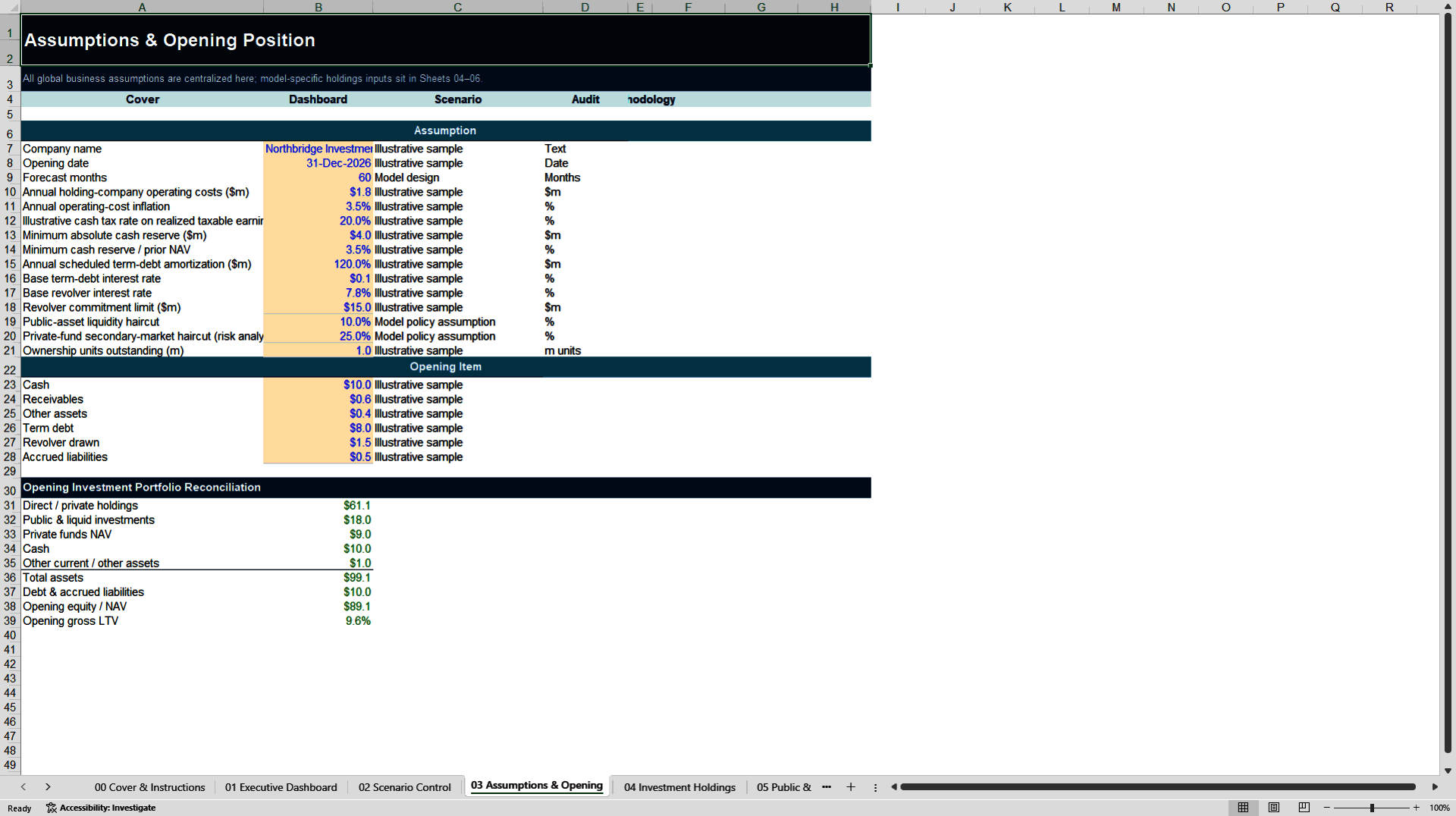 Investment Holding Company NAV & Liquidity Model (Excel template (XLSX)) Preview Image