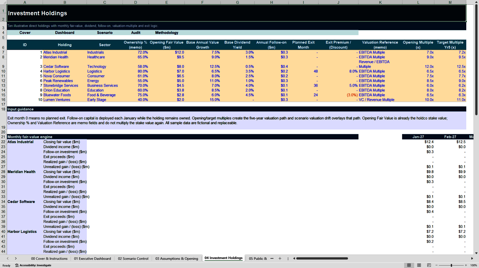 Investment Holding Company NAV & Liquidity Model (Excel template (XLSX)) Preview Image