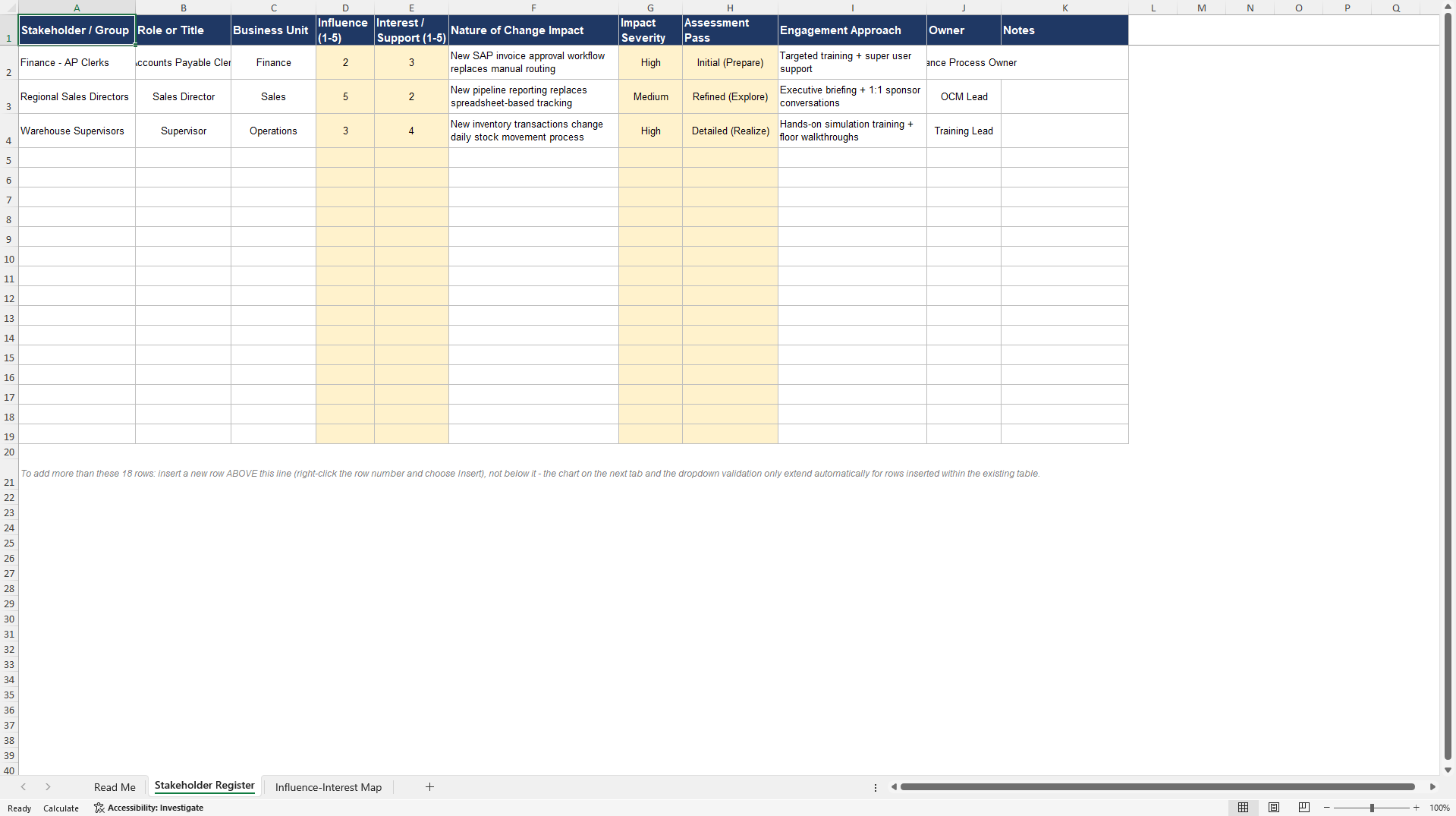 SAP OCM Stakeholder Analysis and Influence-Interest Map (Excel template (XLSX)) Preview Image