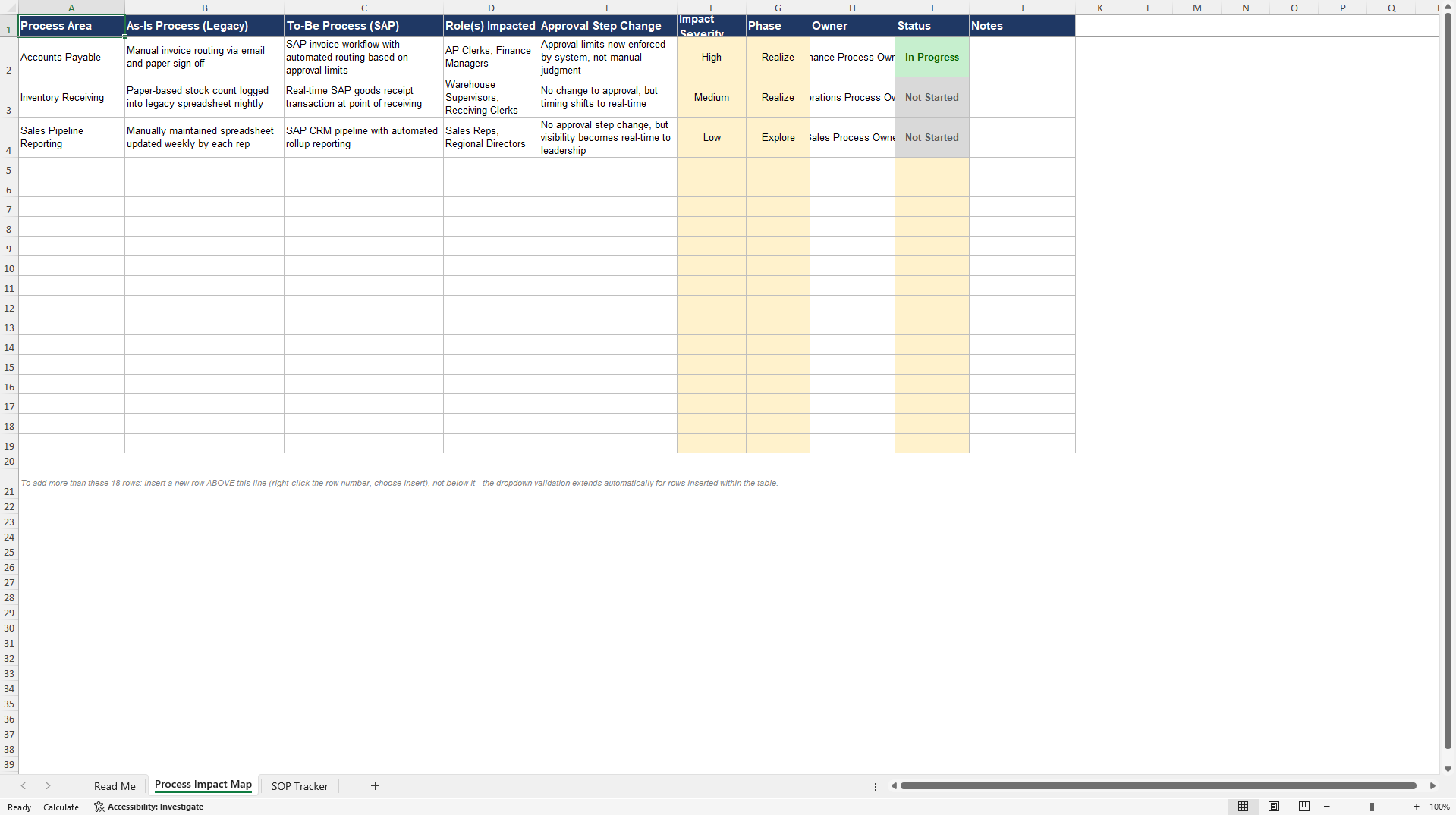 SAP OCM Business Process Impact Map and SOP Tracker (Excel template (XLSX)) Preview Image