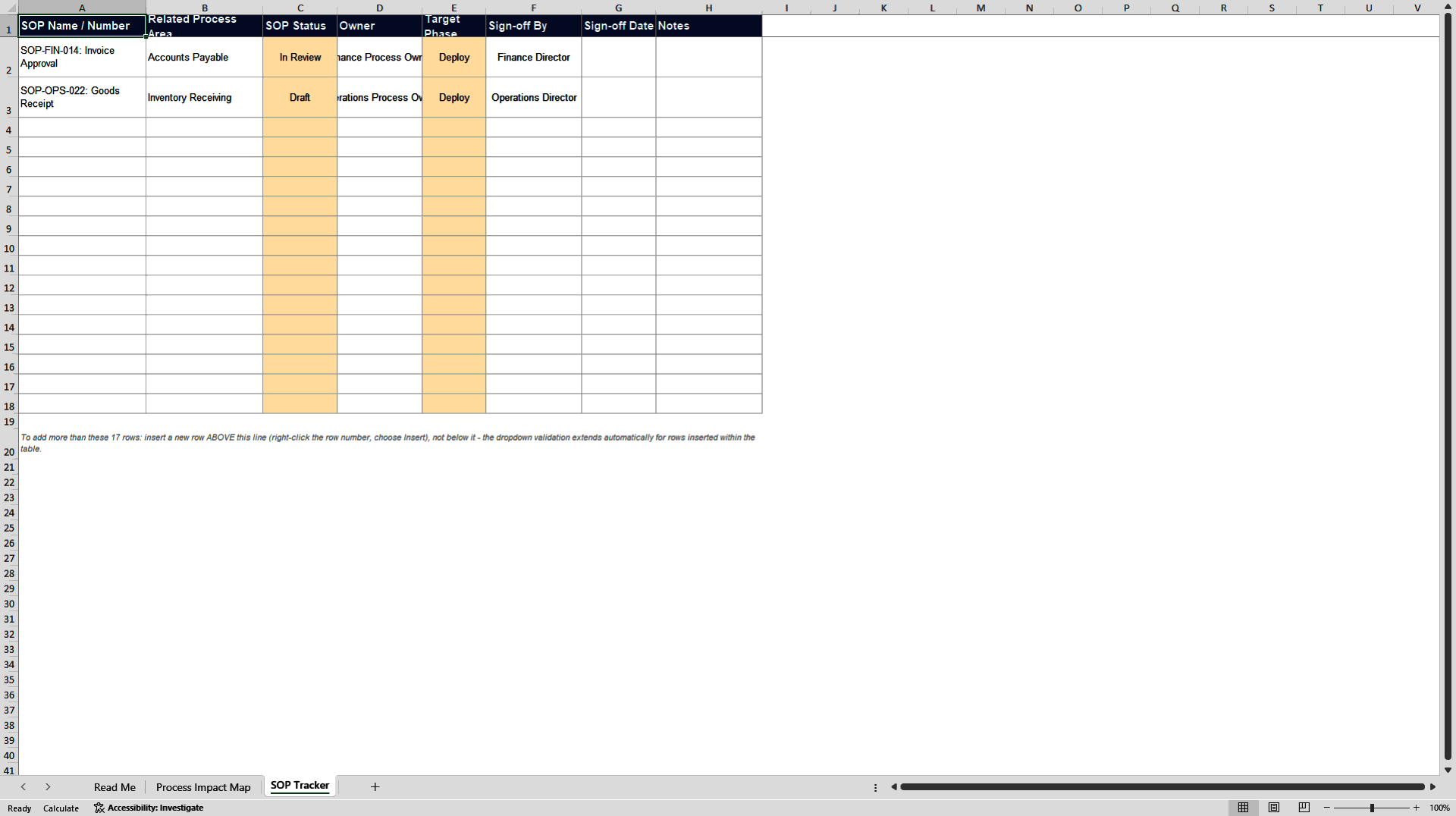 SAP OCM Business Process Impact Map and SOP Tracker (Excel template (XLSX)) Preview Image