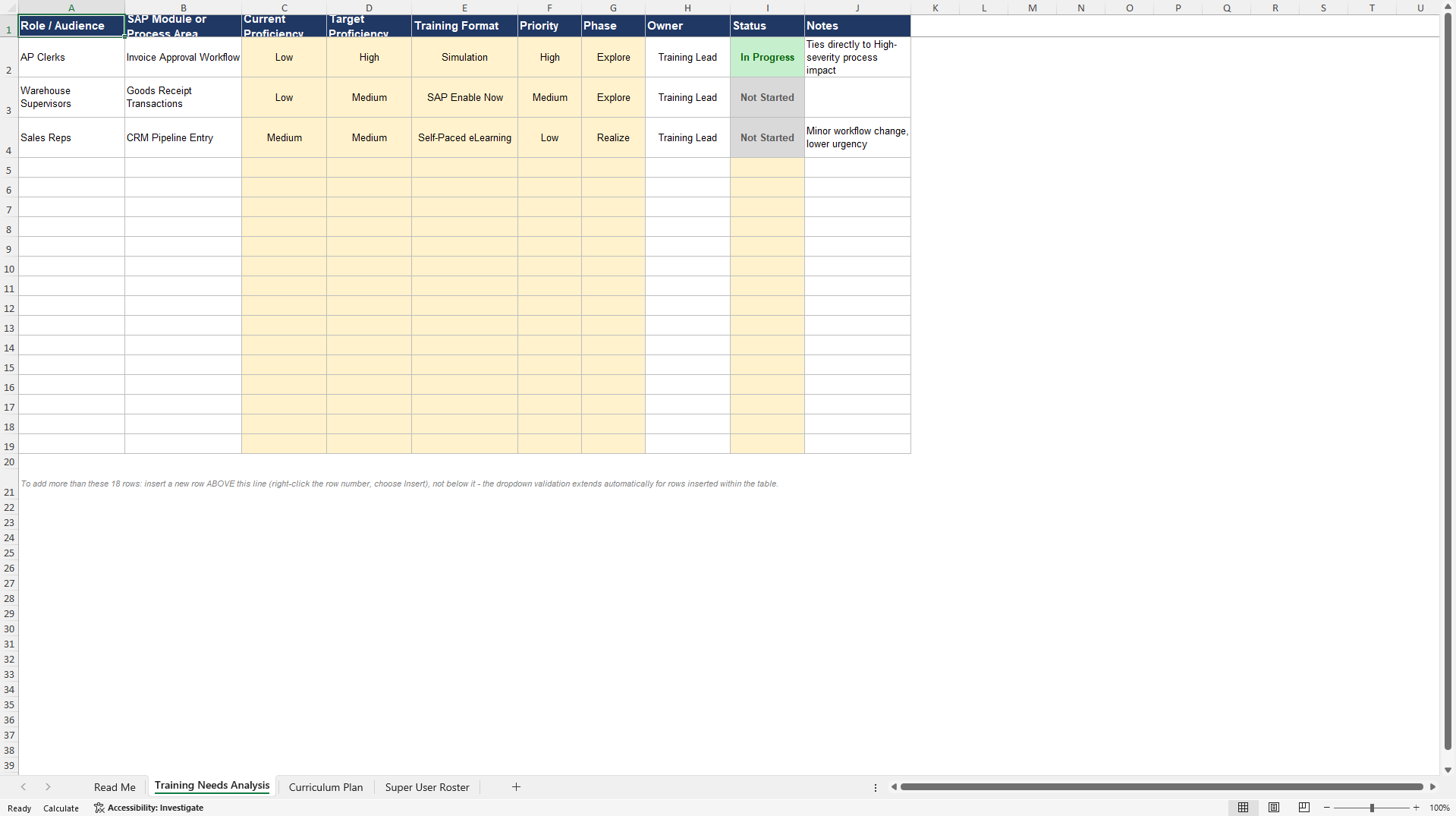 SAP OCM Training Needs Analysis and Curriculum Plan (Excel template (XLSX)) Preview Image