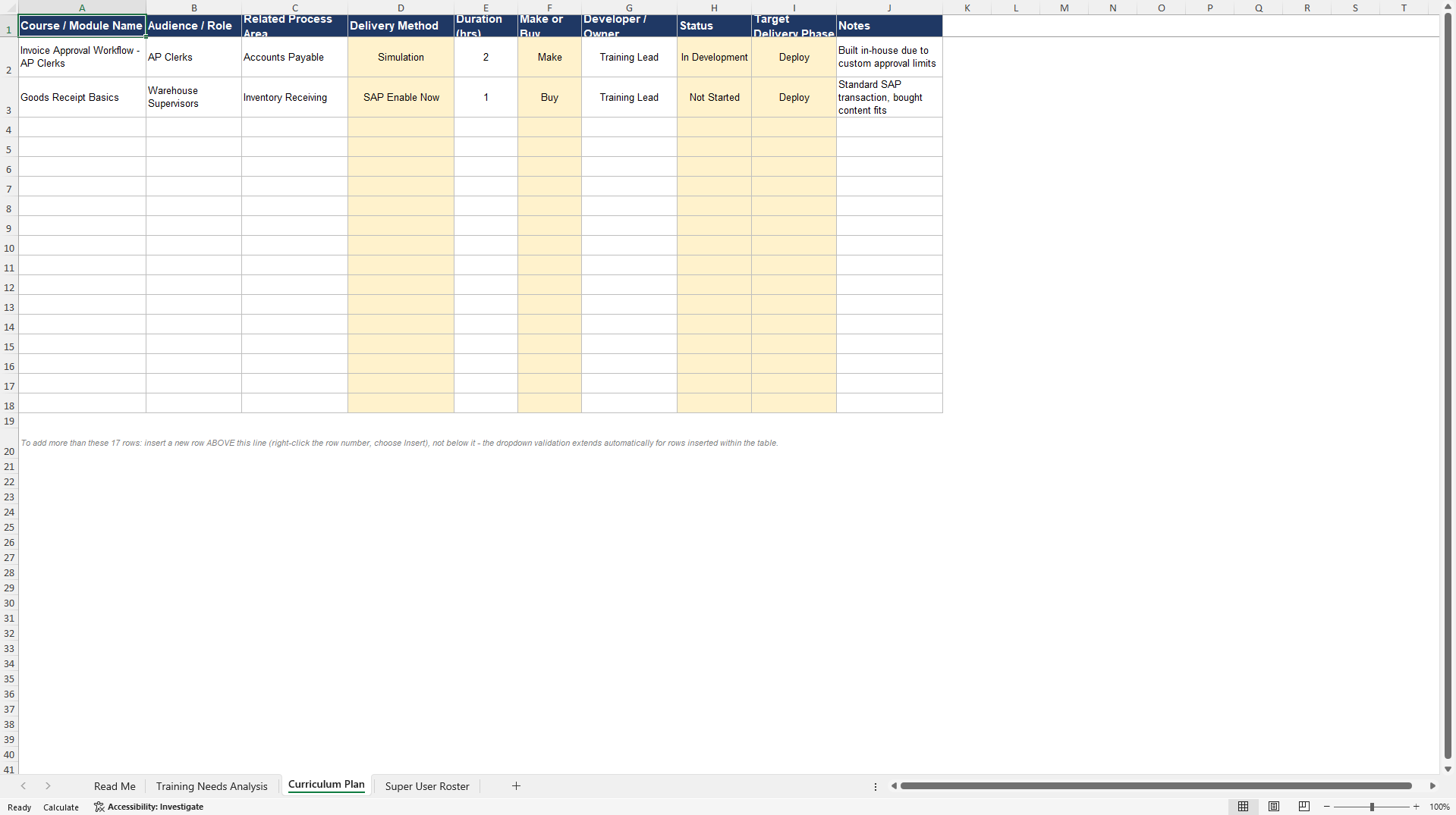 SAP OCM Training Needs Analysis and Curriculum Plan (Excel template (XLSX)) Preview Image