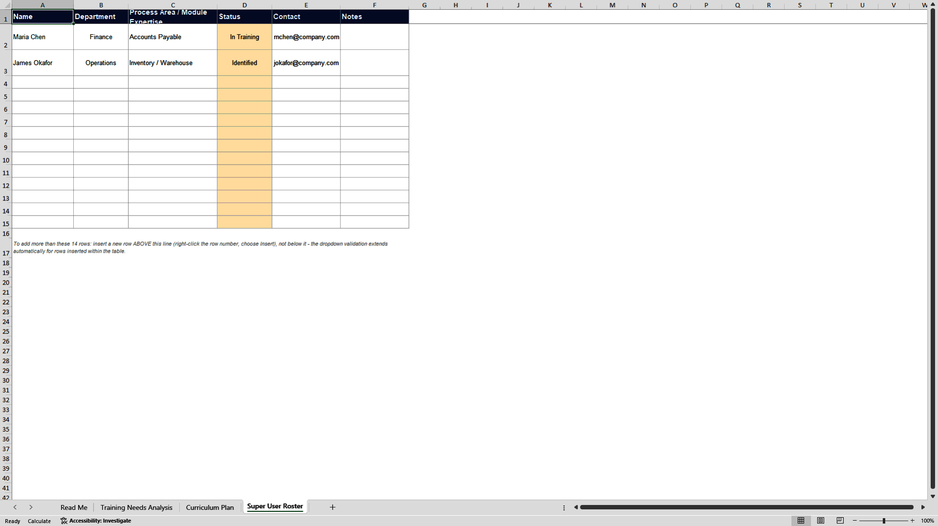 SAP OCM Training Needs Analysis and Curriculum Plan (Excel template (XLSX)) Preview Image