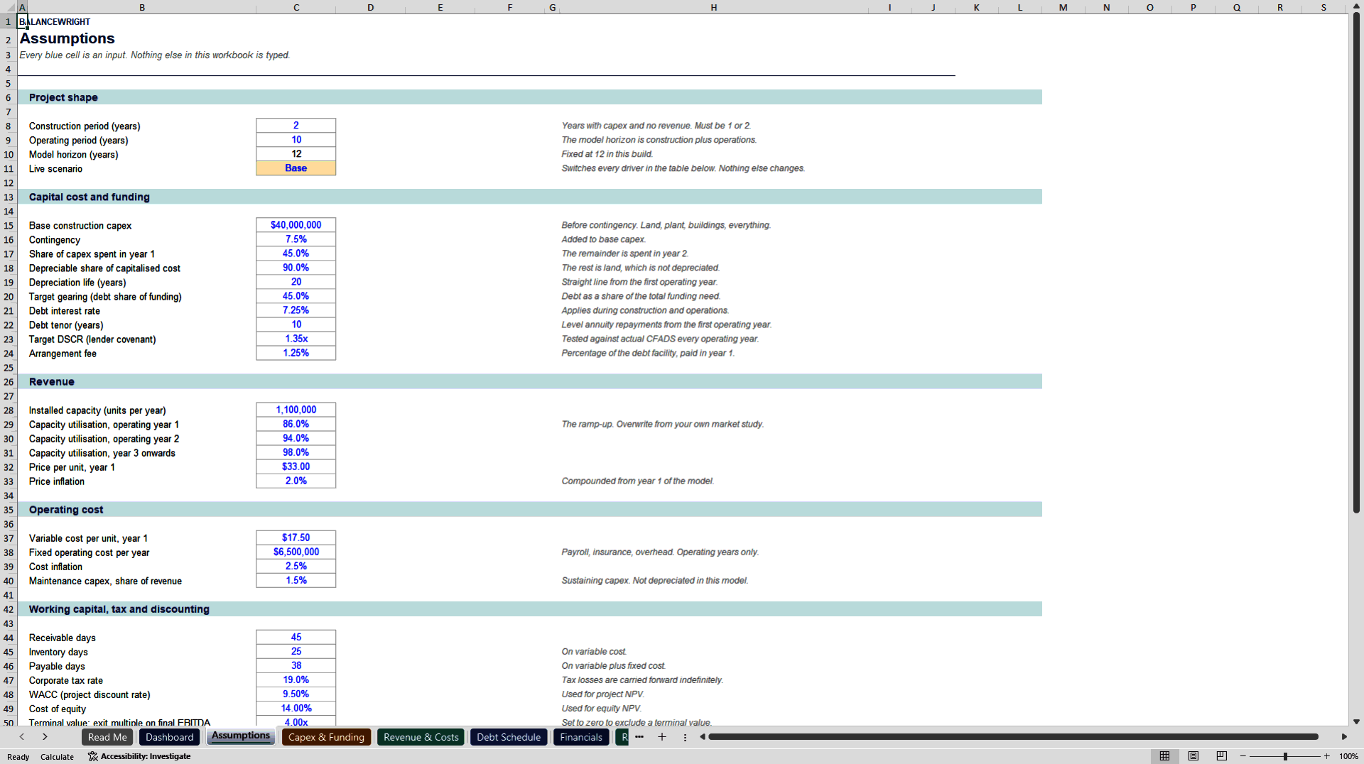 Feasibility Study Financial Model: DSCR, NPV & IRR (Excel template (XLSX)) Preview Image