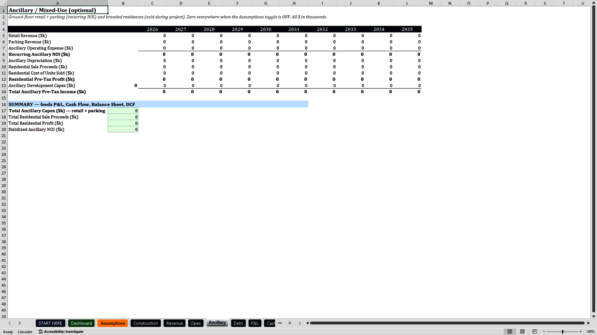 Hotel Development & Acquisition Model (USALI P&L, DSCR) (Excel template (XLSX)) Preview Image