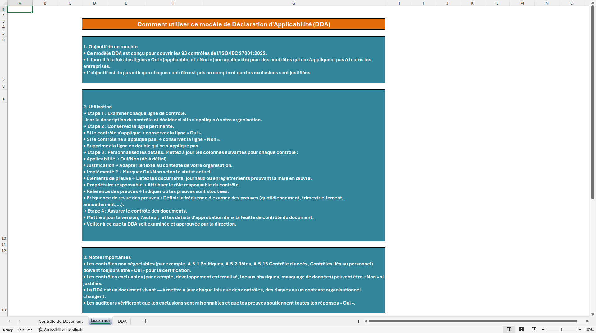 ISO 27001:2022 Déclaration d'Applicabilité (DDA) (Excel template (XLSX)) Preview Image