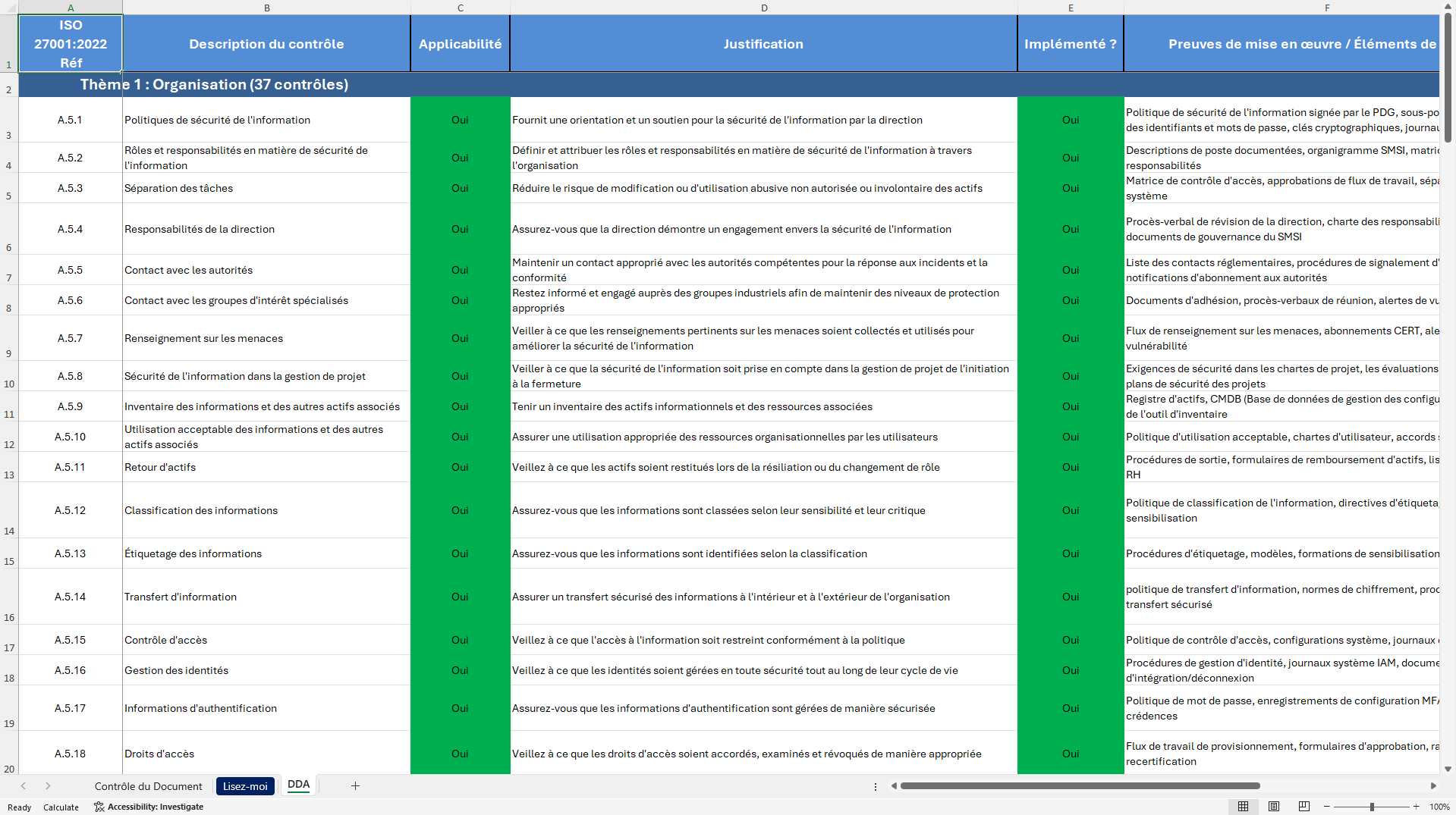 ISO 27001:2022 Déclaration d'Applicabilité (DDA) (Excel template (XLSX)) Preview Image