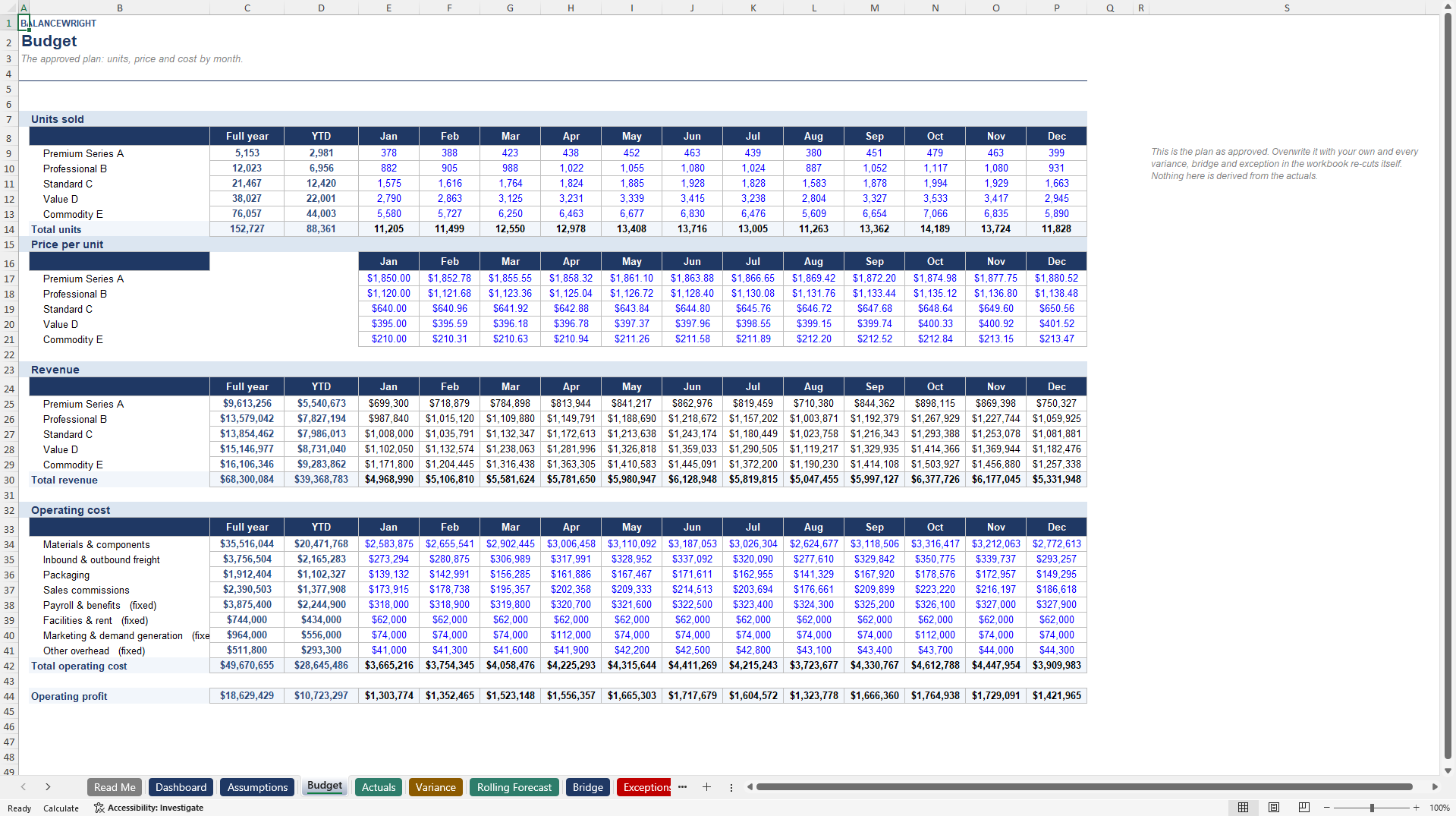 Budget vs Actual: Variance & Rolling Forecast (Excel template (XLSX)) Preview Image