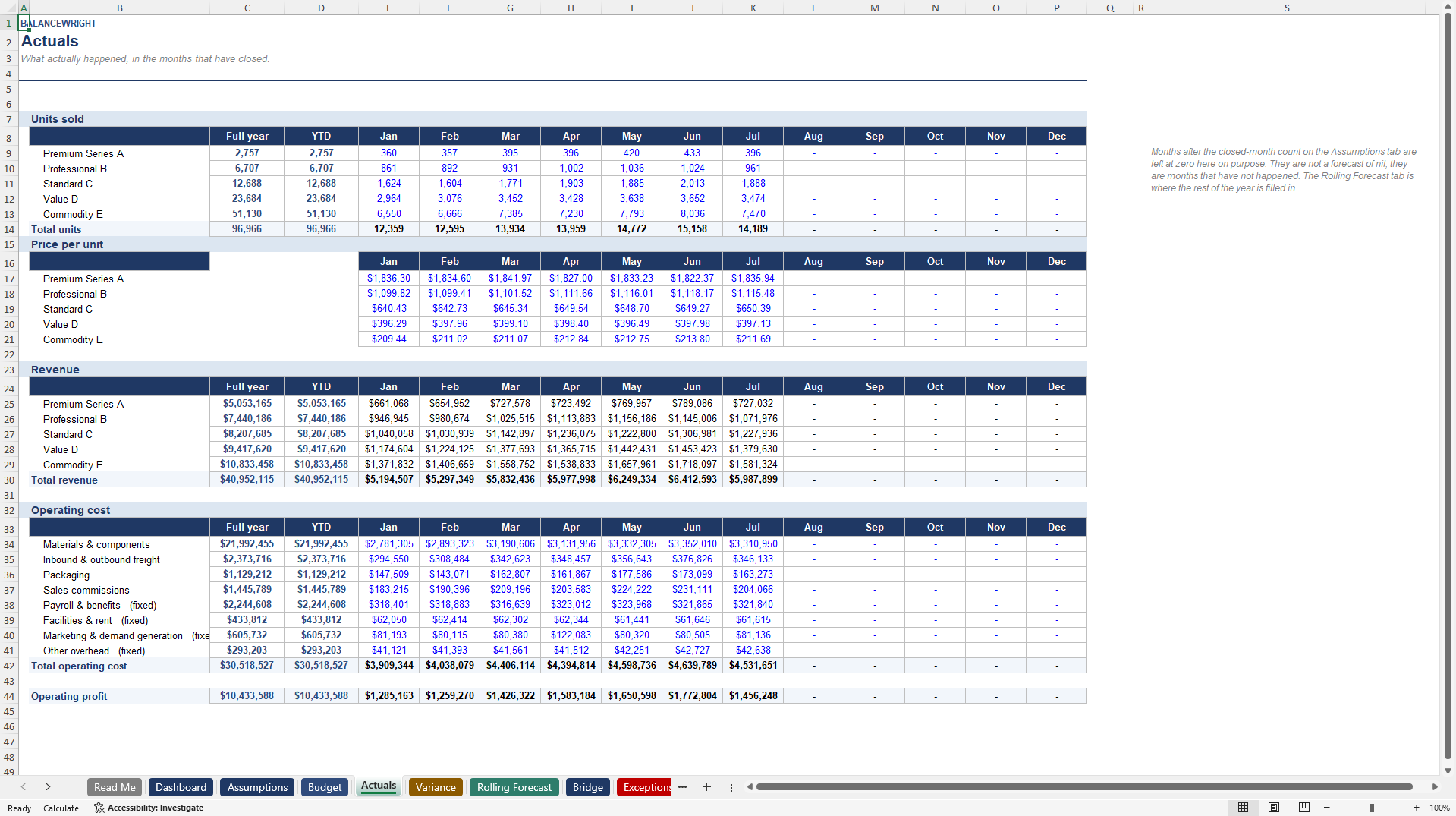 Budget vs Actual: Variance & Rolling Forecast (Excel template (XLSX)) Preview Image