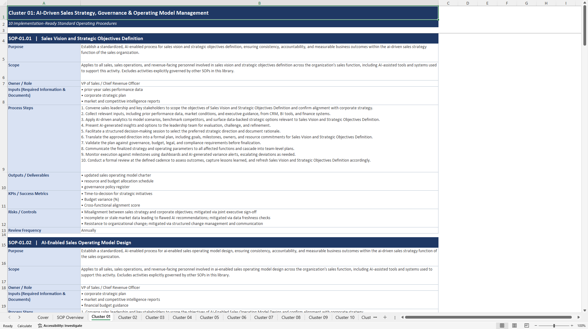 100+ AI-Driven Sales Excellence SOPs (Excel template (XLSX)) Preview Image